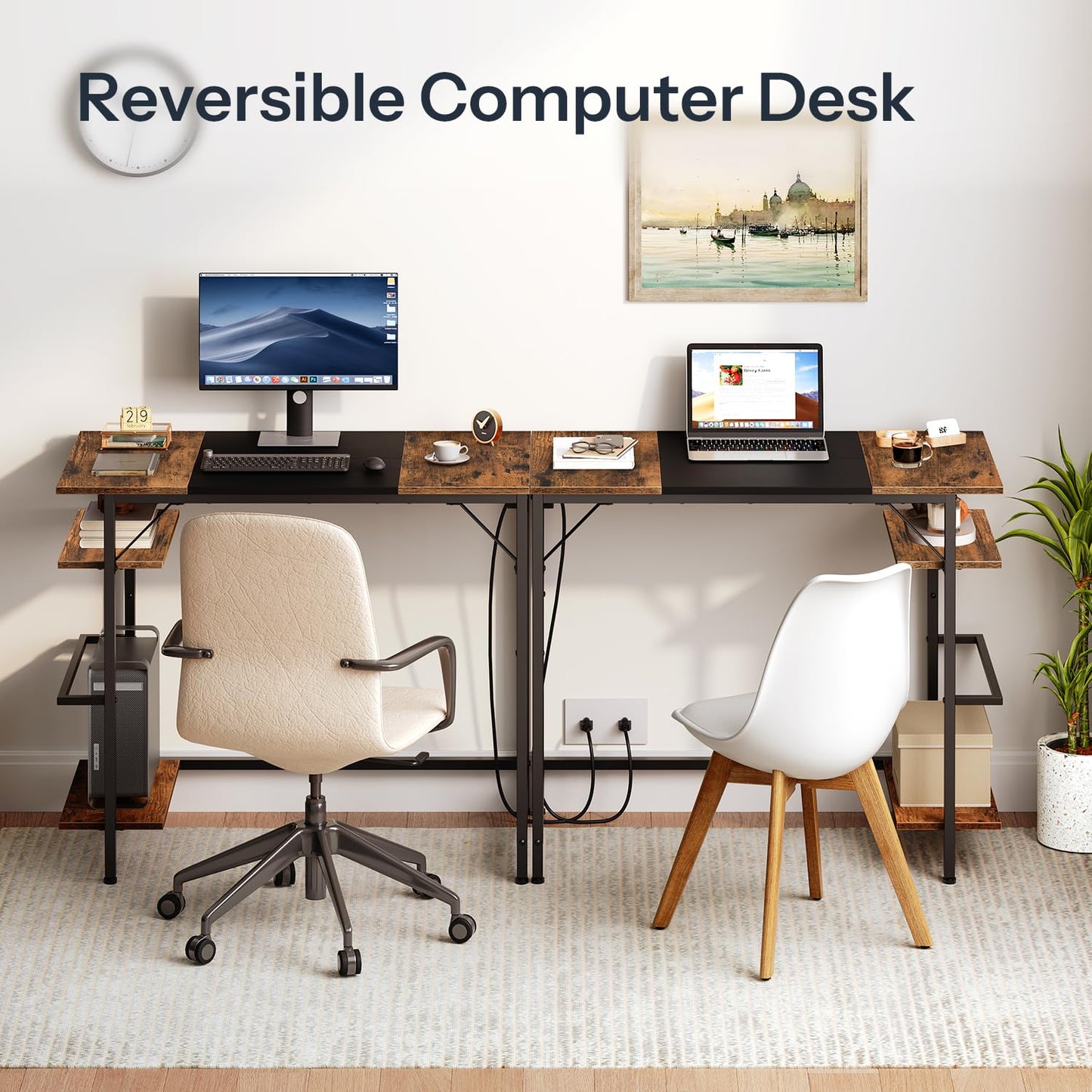 HOOBRO Small Computer Desk, Home Office Desk with Power Outlet, Writing Desk with 2 Shelves, Modern Small Desk for Home Office, Study, Easy to Assemble, Rustic Brown and Black BF43UDN01