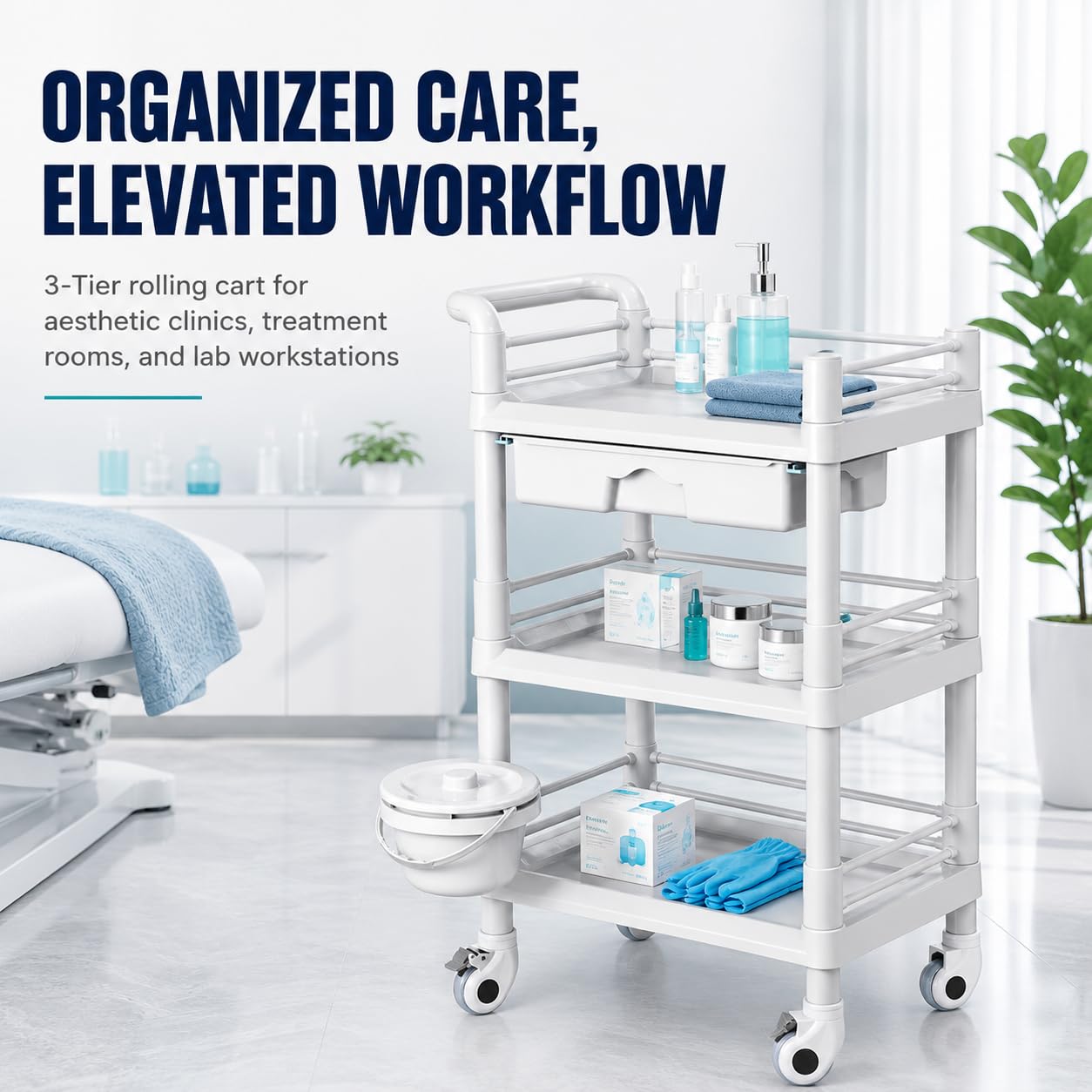Rolling Utility Cart,Qiwey Utility Cart with Big Drawer,3-Tier Esthetician Cart with Wheels for Beauty Salon SPA Commercial Hospital Office Lab Cart White