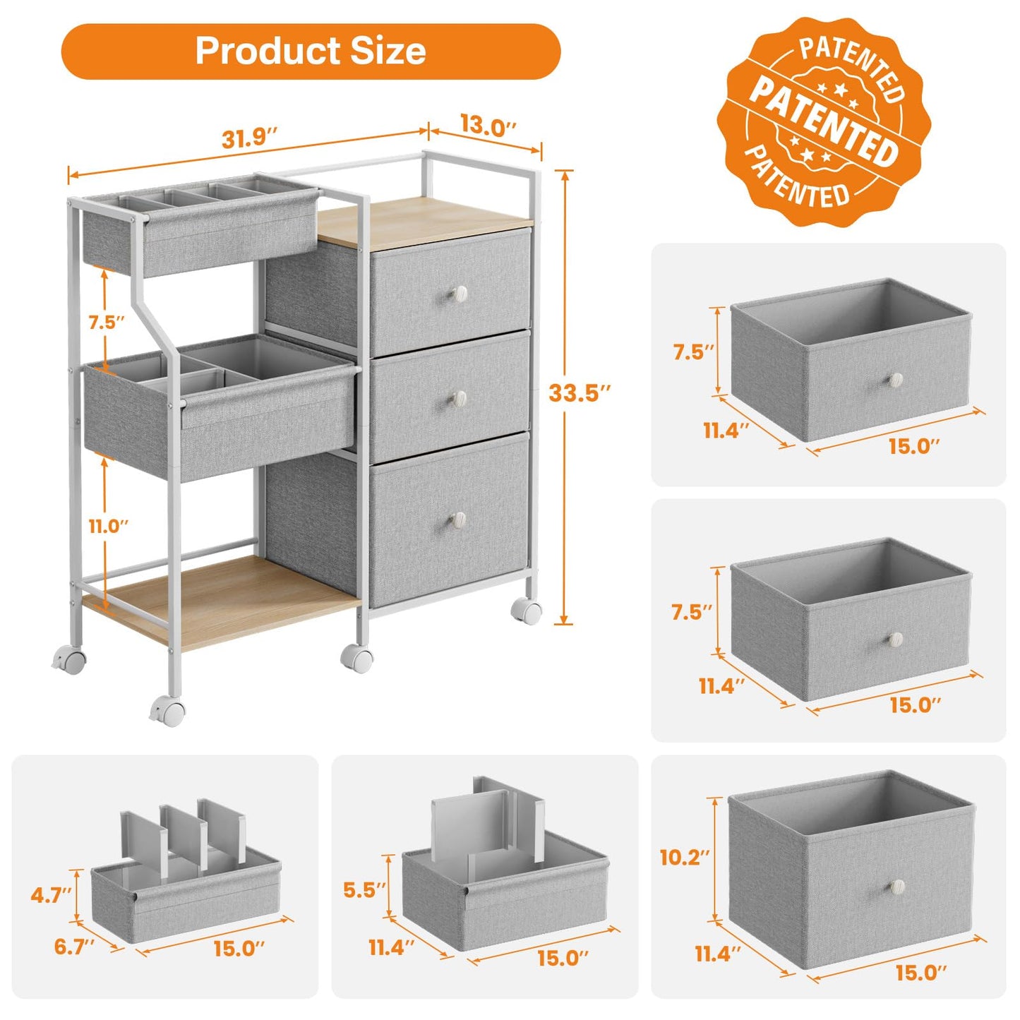 Modanais Baby Organizer and Storage - 3 Tier Rolling Cart with Dividers and Drawers, Easy To Assemble, Mobile Utility Cart with Wheels for Nursery, Bedroom, Changing Table & Crib,Light Gray
