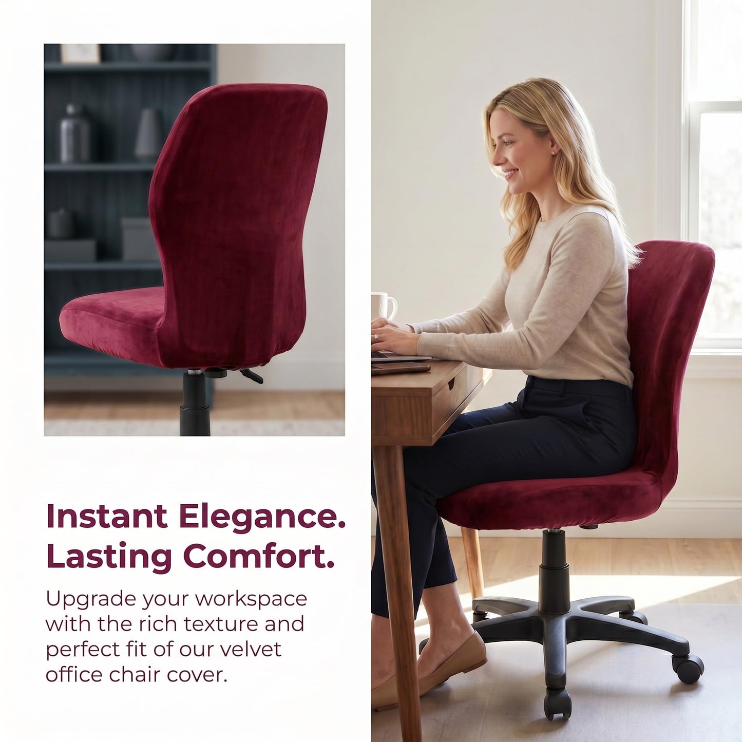 Deisy Dee Velvet Stretch Armless Office Chair Covers - Colorful Stretch Slipcover for Desk Chairs (Burgandy)