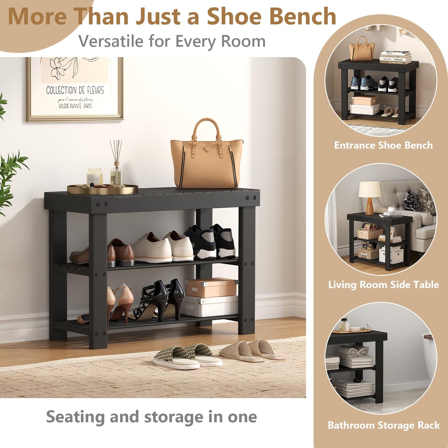 Sweetcrispy 3-Tier Shoe Rack Bench for Entryway, 286lb Capacity, Black