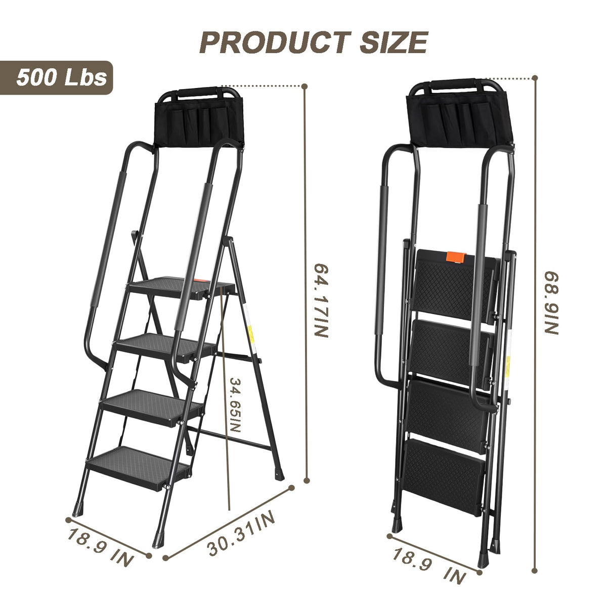 Valeo 4 Step Ladder with Handrails,500 Lbs Capacity,Folding Step Stool Ladder with Attachable Tool Bag,Lightweight & Storage Step Ladder 4 Step Folding,Multi-use for Home,Kitchen,Office,Black