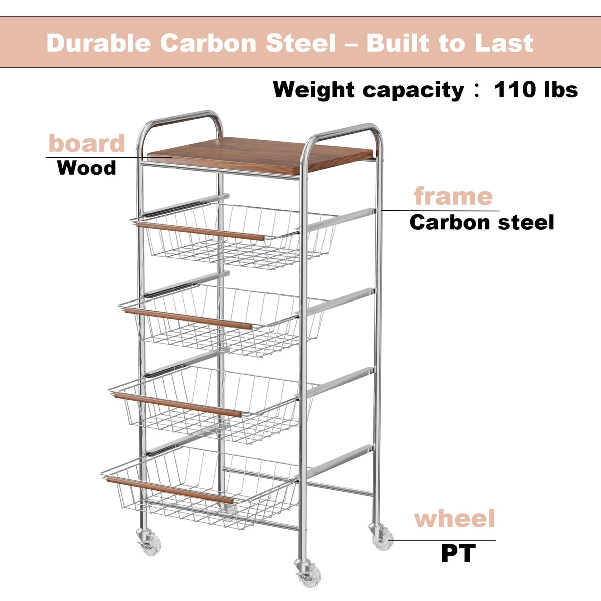 pochoio 5-Tier Rolling Cart for Storage and Organization - Heavy-Duty Carbon Steel Storage Trolley with Pull-Out Wire Baskets & Wood Top | Utility for Kitchen,Living Room,Office,Pantry,5.5x11x35inch