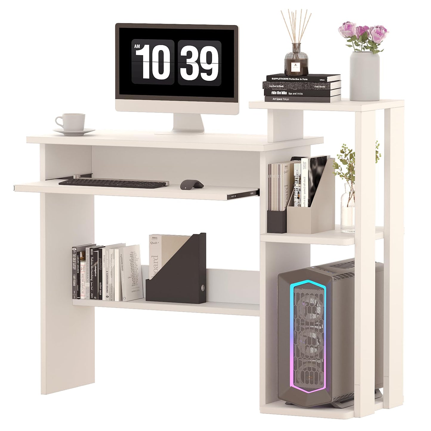 ALISENED Computer Desk with Storage Shelves, Home Office Desk with Monitor Stand, Small Writing Desk Table with Keyboard Tray,Study Table with CPU Stand for Small Spaces (35"-White)