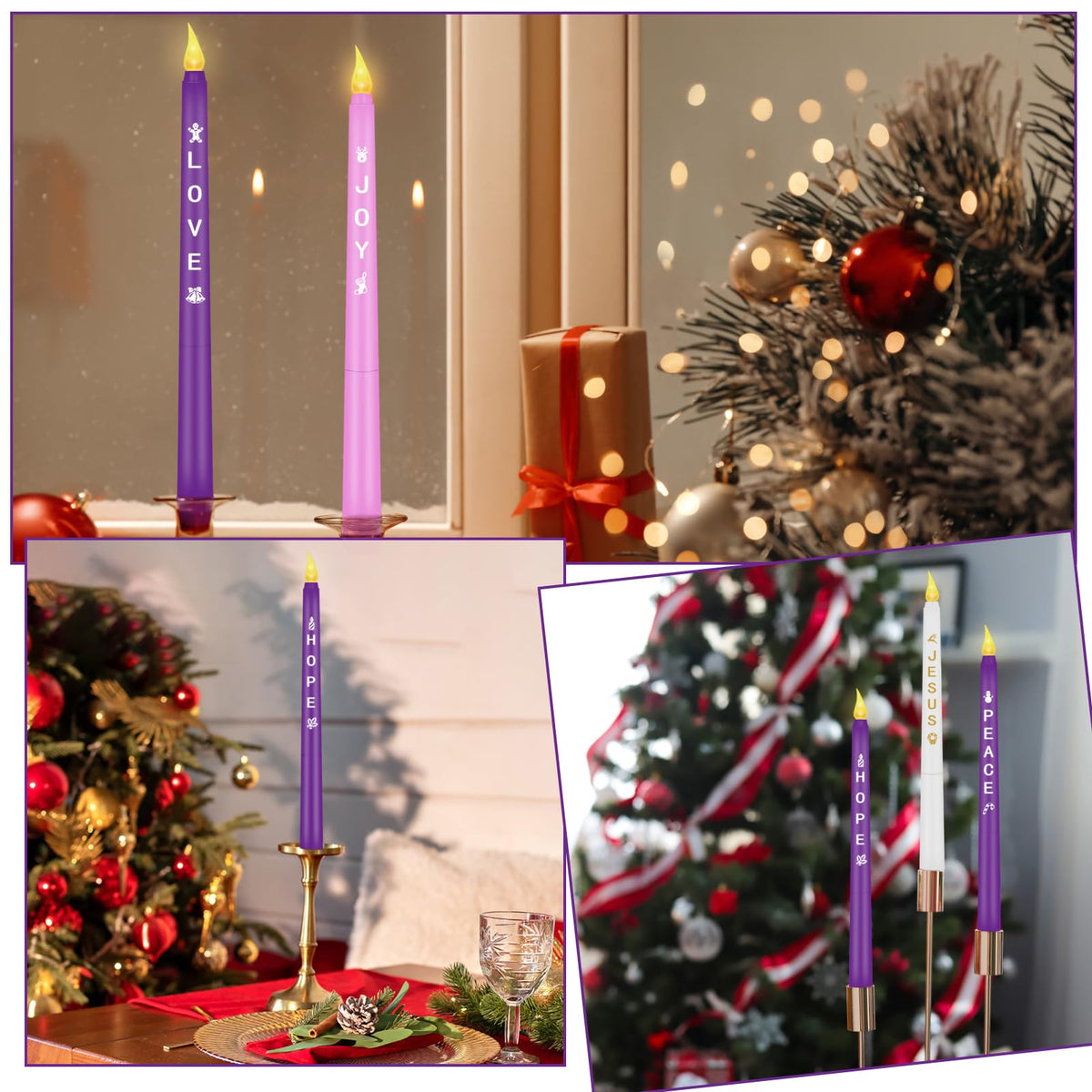 RGQSUN LEDs Flameless Advent Candles Sets of 5 Christmas Advent Candles Battery Operated Flickering Flameless Taper Candle for Christmas Wreath Advent Decor(Battery is not Included)