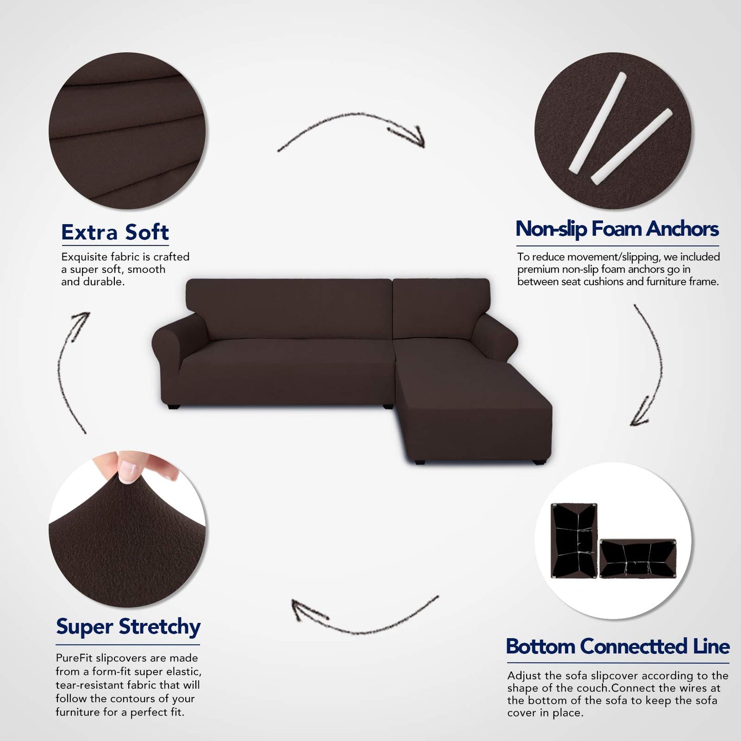 PureFit Super Stretch Sectional Couch Covers - 2 pcs Spandex Non Slip Sofa Covers with Elastic Bottom for L Shape Sectional Sofa Couch, Great for Kids & Pets（3 Seat Sofa + 3 Seat Chaise, Chocolate