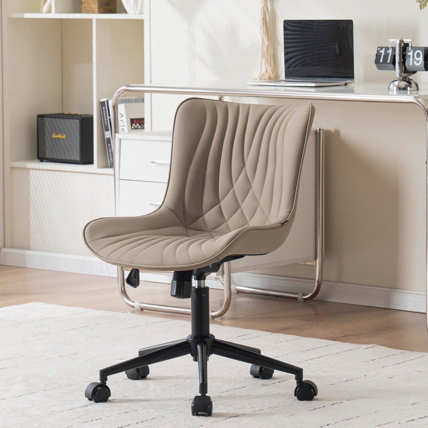 YOUNIKE Office Chair, Desk Chair with Wheels, Home Office Computer Task Chairs, Modern Faux Leather Padded Vanity Chair, Adjustable Swivel Armless Office Chairs with Back, Khaki