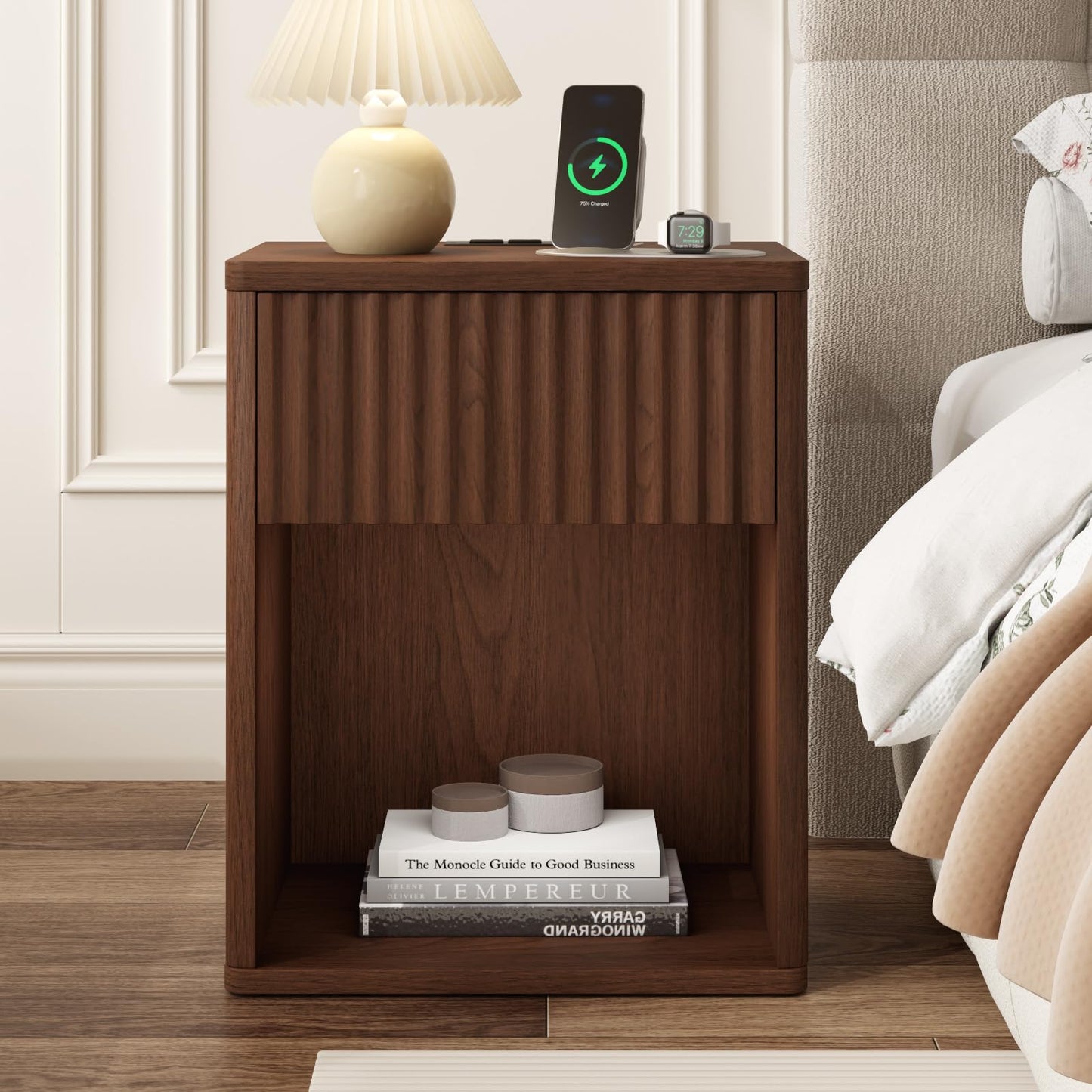 Fluted Nightstands Set of 2 w/Charging Station, Wooden End Table Bed Side Table with Curved Drawer, Mid Century Modern Fluted Night Stand with Rounded Edge for Bedroom, Living Room Sofa, Walnut