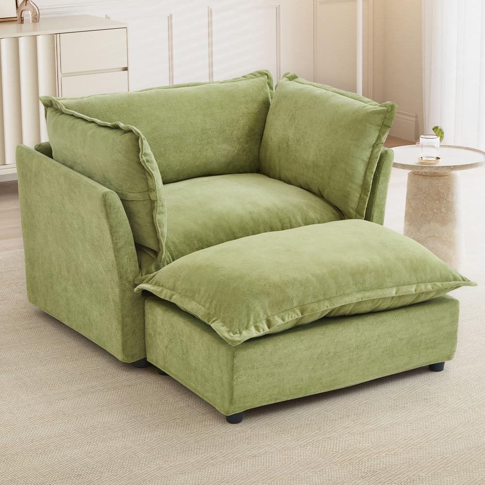 Asmeten Modern Armchair Sofa 47" Cozy Upholstered Sofa Chair with Movable Ottoman, Wide Seat, Curved Armrests and Soft Pillows for Living Room, Bedroom,Green (Green + Chenille + 2 Seat + Foam)