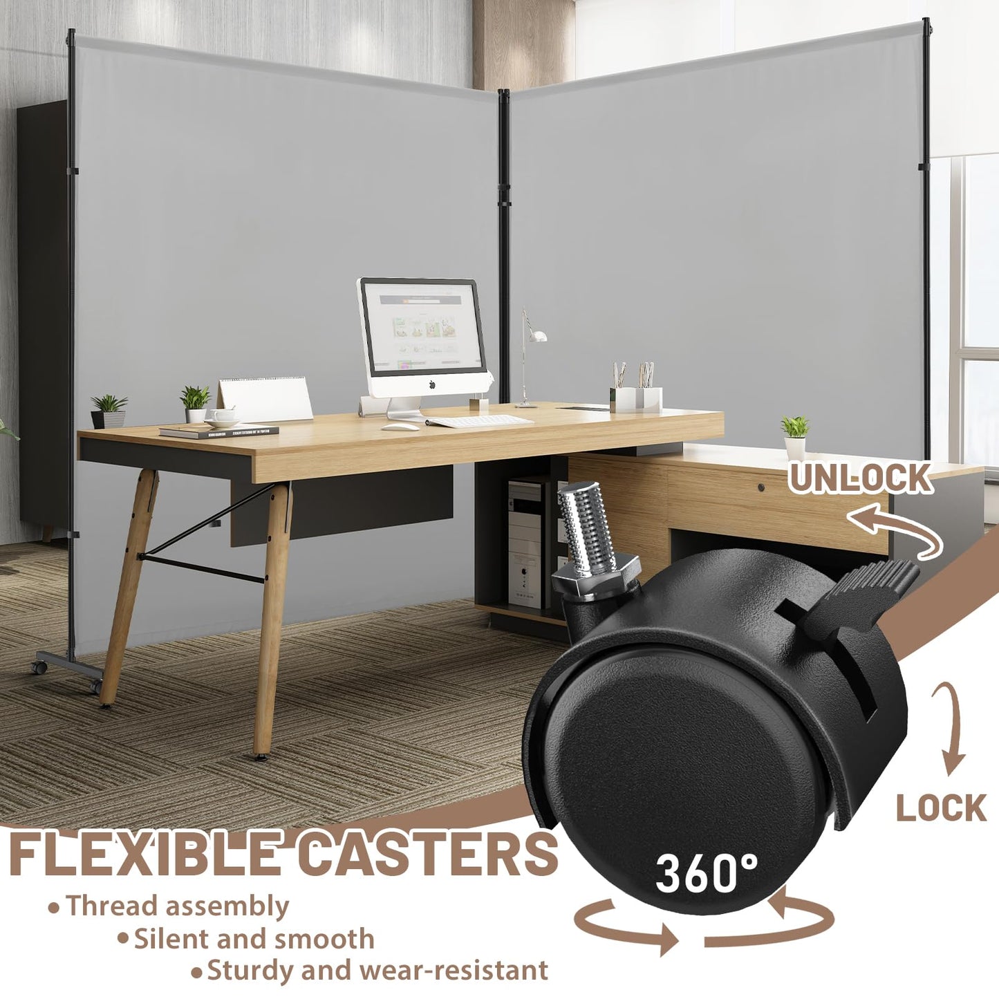 VAMFUTRE 2 Panels Room Divider/Privacy Screen with Caster Wheels and Brakes - Stylish and Versatile Partition for Home,Office,School and Restauran (Gray, 12FT*6FT)