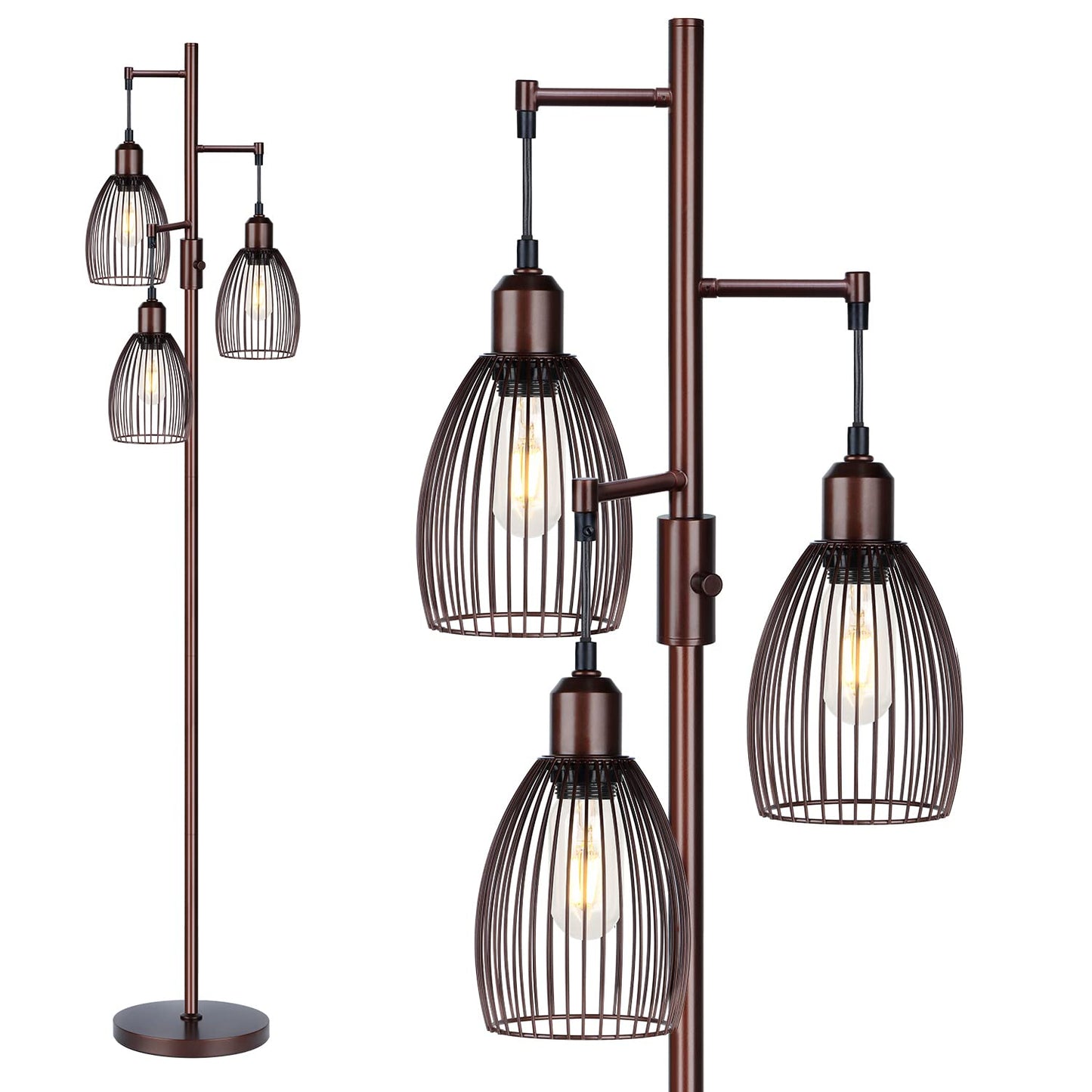 Torondo Dimmable Floor Lamp, Industrial Floor Lamps for Living Room, Brown Tree Lamp Standing Lamp Tall Lamps with 3 Elegant Teardrop Cage Head & 800 Lumens LED Bulbs for Living Room Bedroom Office