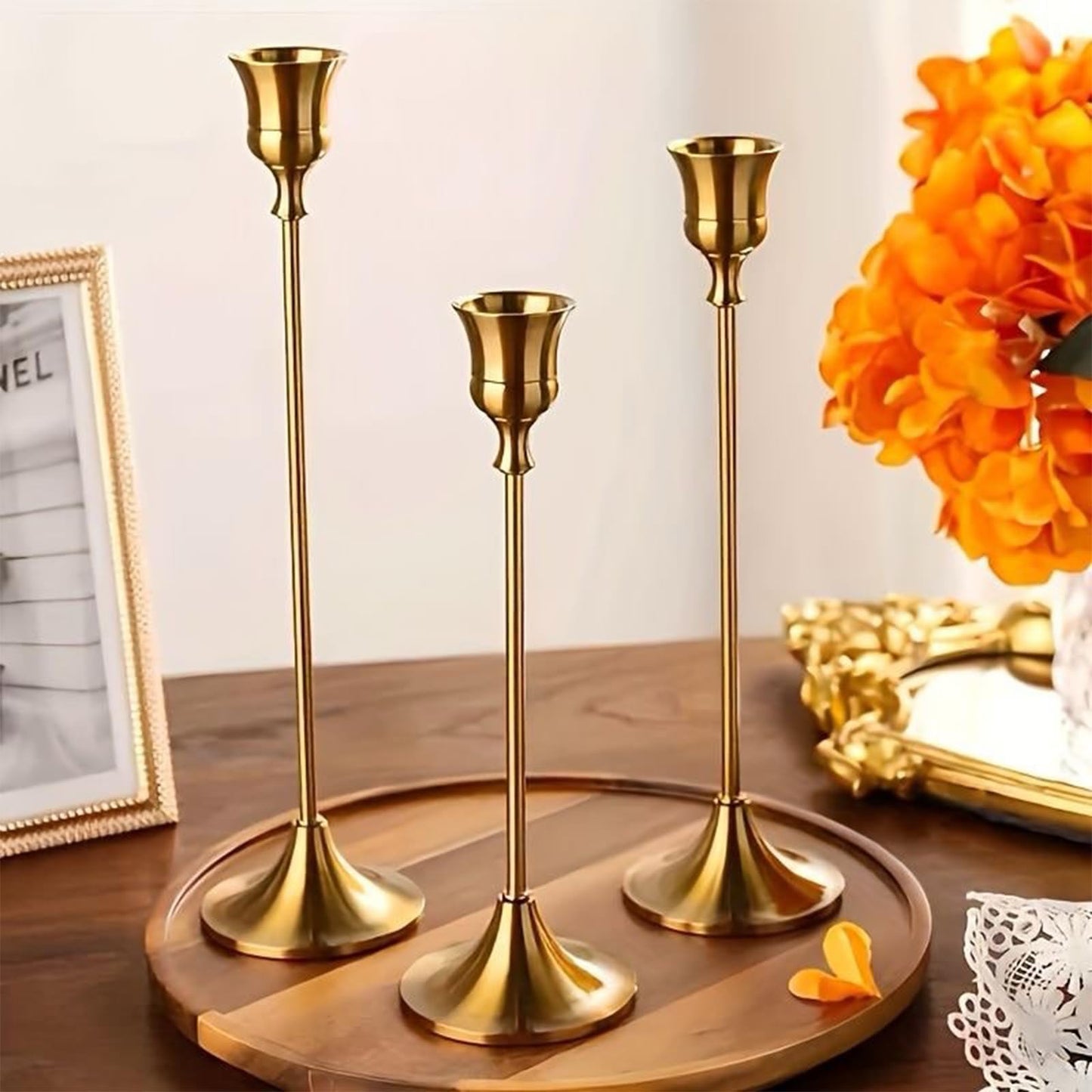 Pesonlook Brass Gold Candlestick Holders 15 PCS Metal Taper Candle Holders,Tall Metal Candlestick Holders for Table Centerpiece,Wedding,Party,Dinner Home Decoration