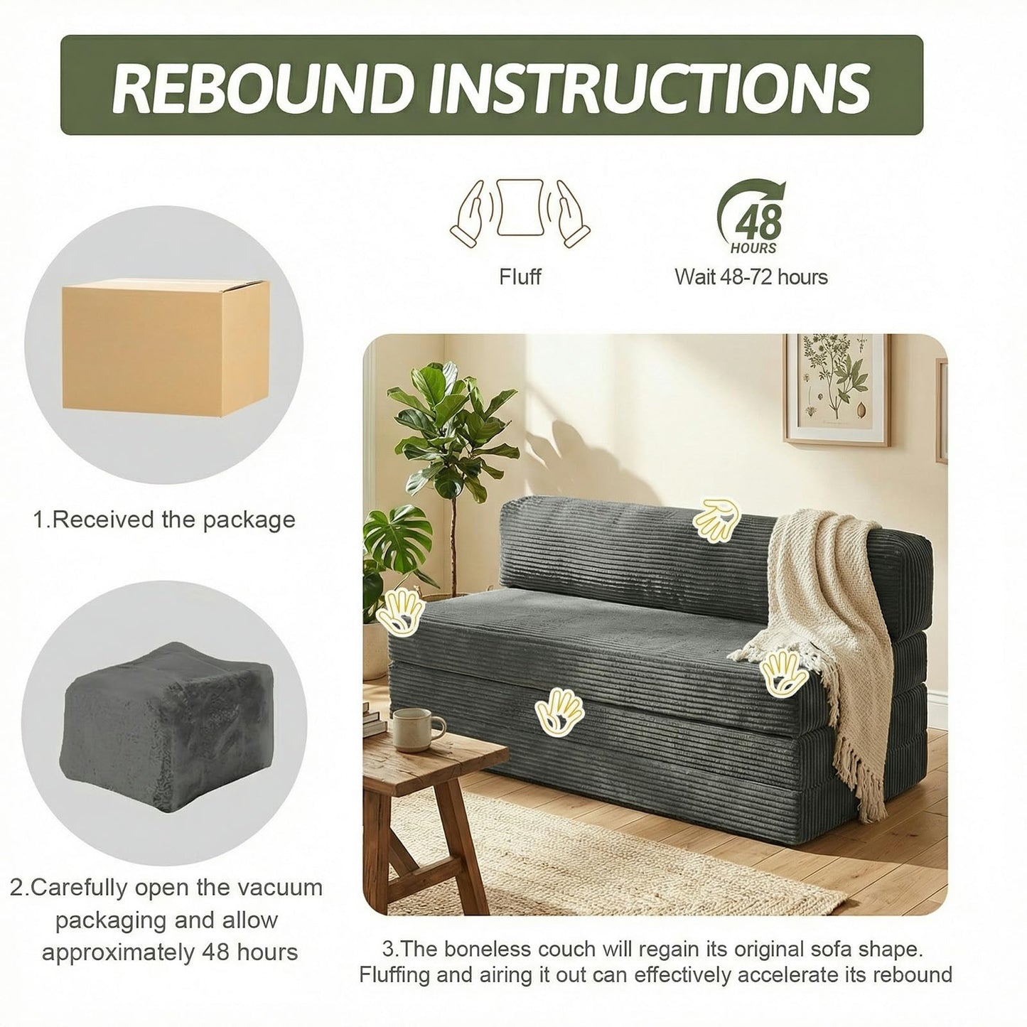NLDD 5-in-1 Convertible Sofa Bed, Boneless Loveseat, Tri-fold Futon Sofa Bed with Removable Cushions & Washable Cover, Pull Out Couch with Handle, for Small Spaces, Queen Size, Grey