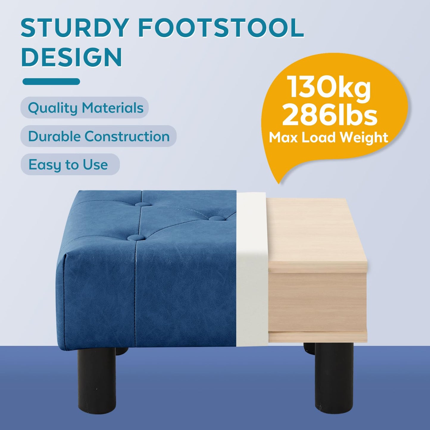 FIMIVIBI Small Foot Stool Ottoman, Faux Leather Footstool Ottoman Foot Rest for Couch, Rectangle Footstools and Ottomans Small for Living Room, Entryway and Bedroom (Blue)