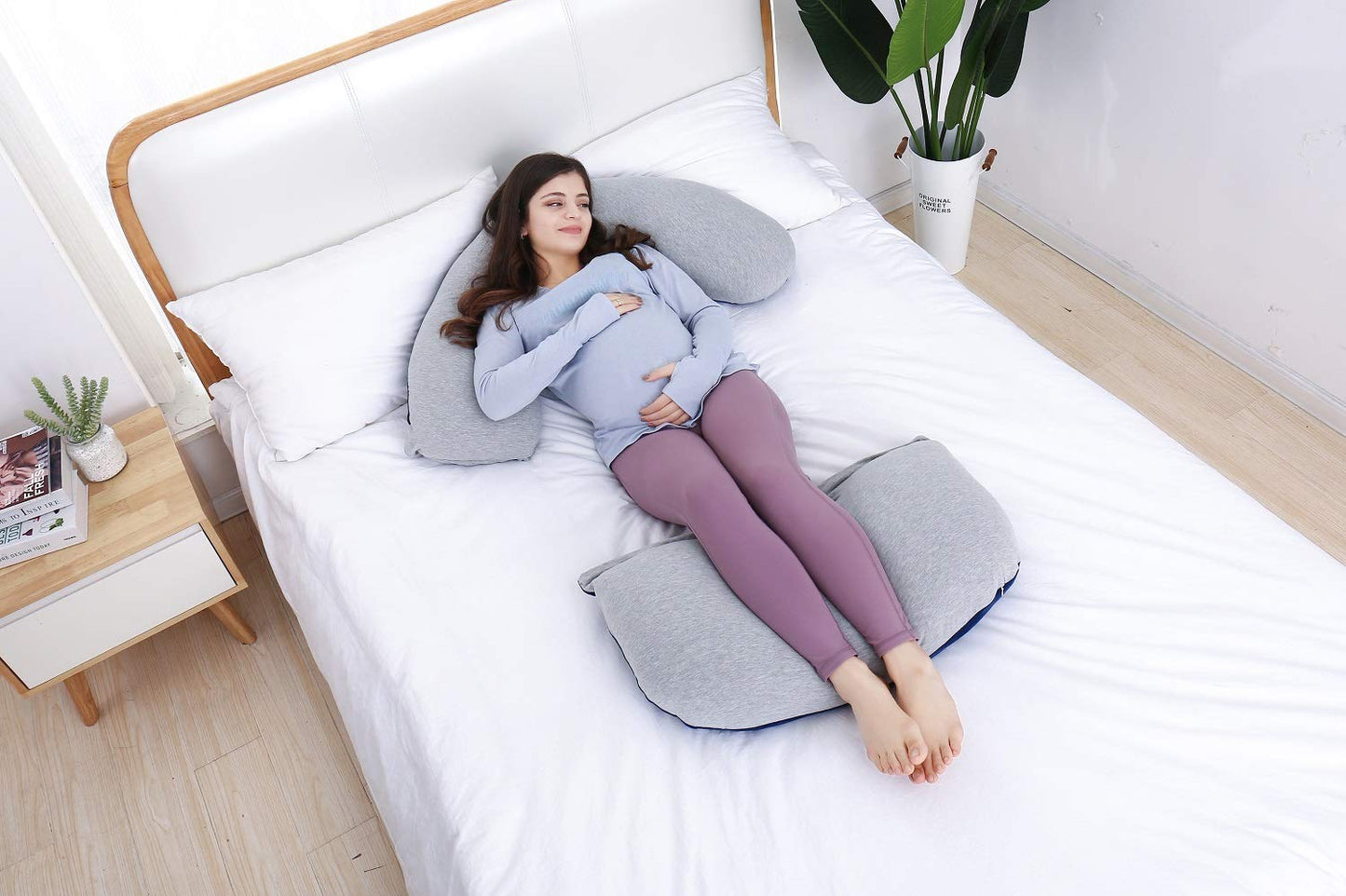 AS AWESLING 60in Full Body Pillow | Nursing, Maternity and Pregnancy Pillow | Extra Large U Shape Pillow with Detachable Side, Separate Support Pillow and Removable Cover (Velvet Blue&Jersey Grey)