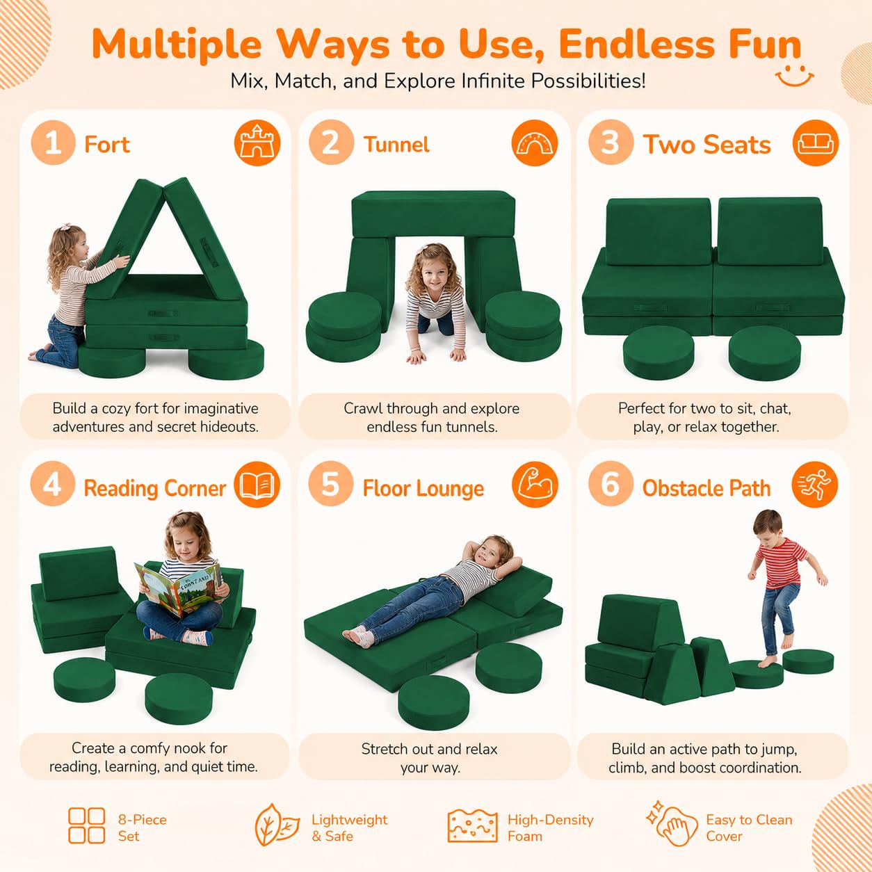 MeMoreCool Kids Couch, Forest Green Modular Foam Play Couch, Ages 3+
