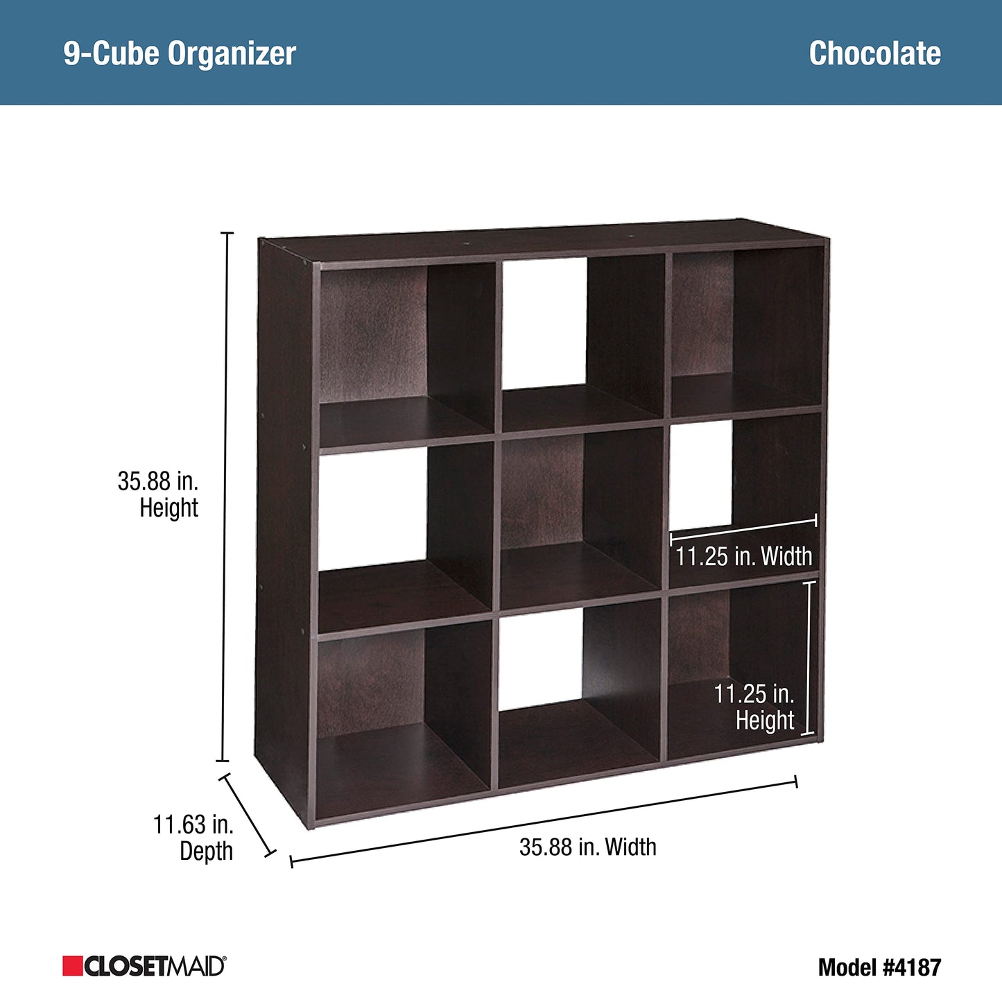 ClosetMaid Cubeicals 9 Cube Storage Shelf Organizer Bookshelf, Stackable, Square Shape, Easy Assembly, Wood, Chocolate Finish