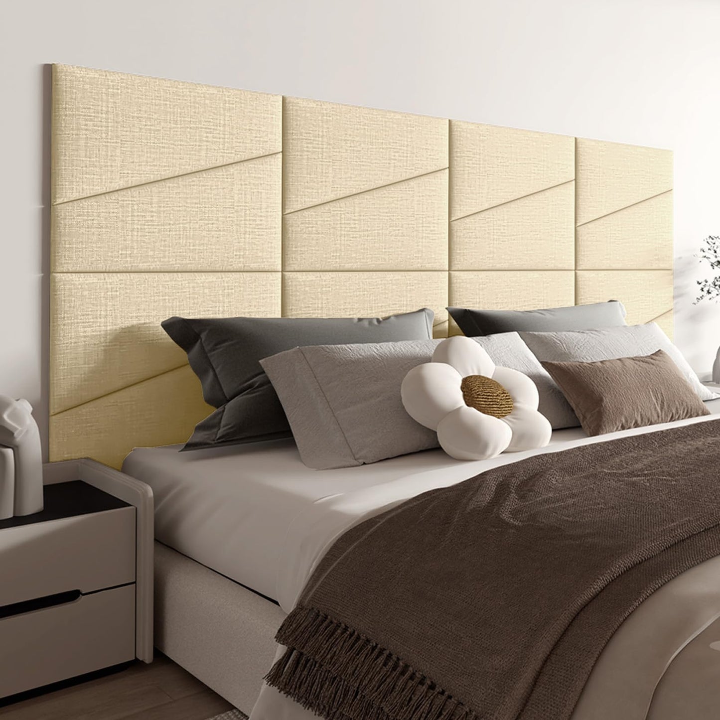 peaudny Peel and Stick Headboard for King Bed Linen Fabric Upholstered Wall Mounted Headboard - Wall Padding Panel in Beige for Bedroom/Living Room/Dorm (8 Panels)