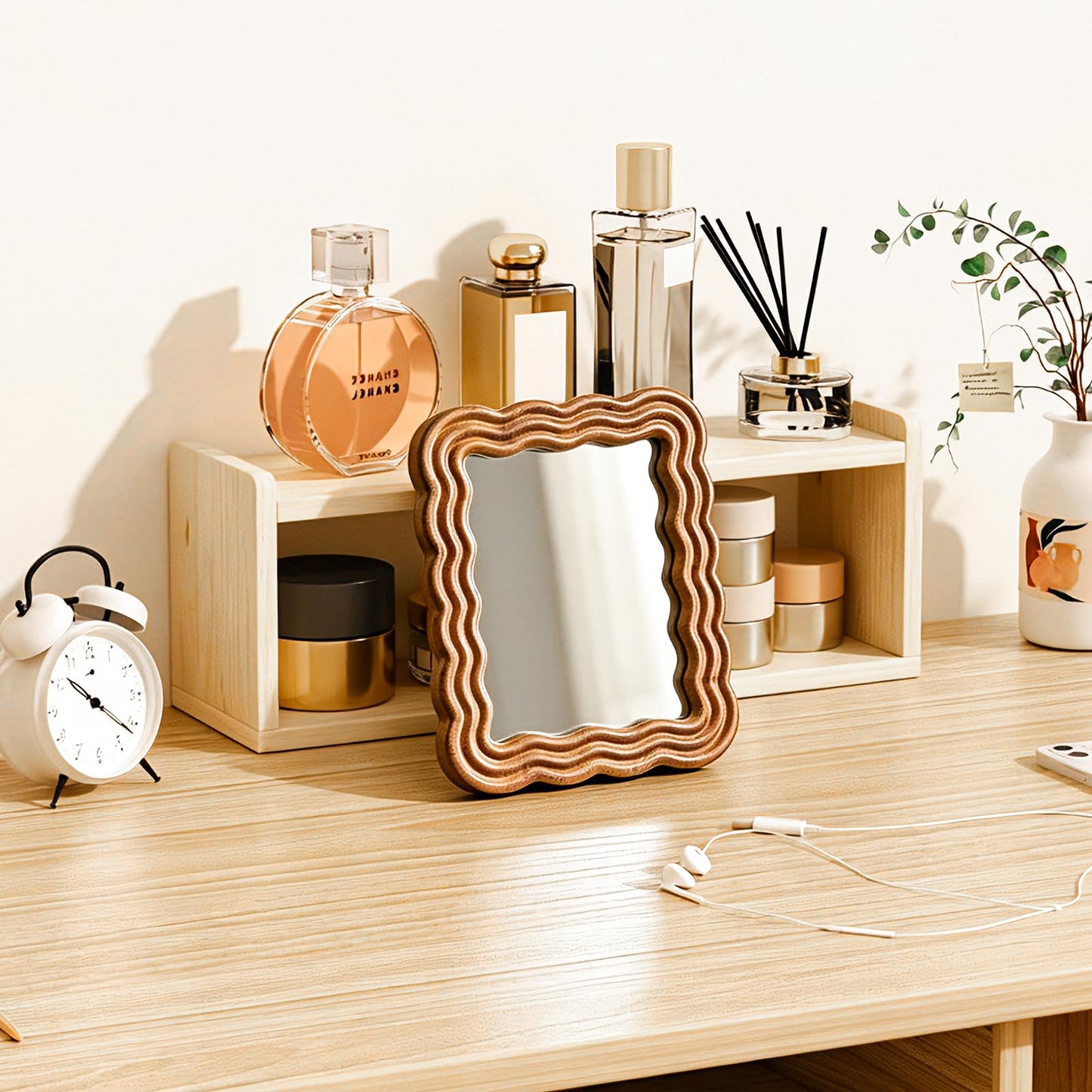 Pehvdkuq Wood Framed Wave Shaped Folding Makeup Mirror, Scalloped Aesthetic Tabletop Vanity Mirror with Stand for Desk Bedroom Office Home Decor, Boho Style