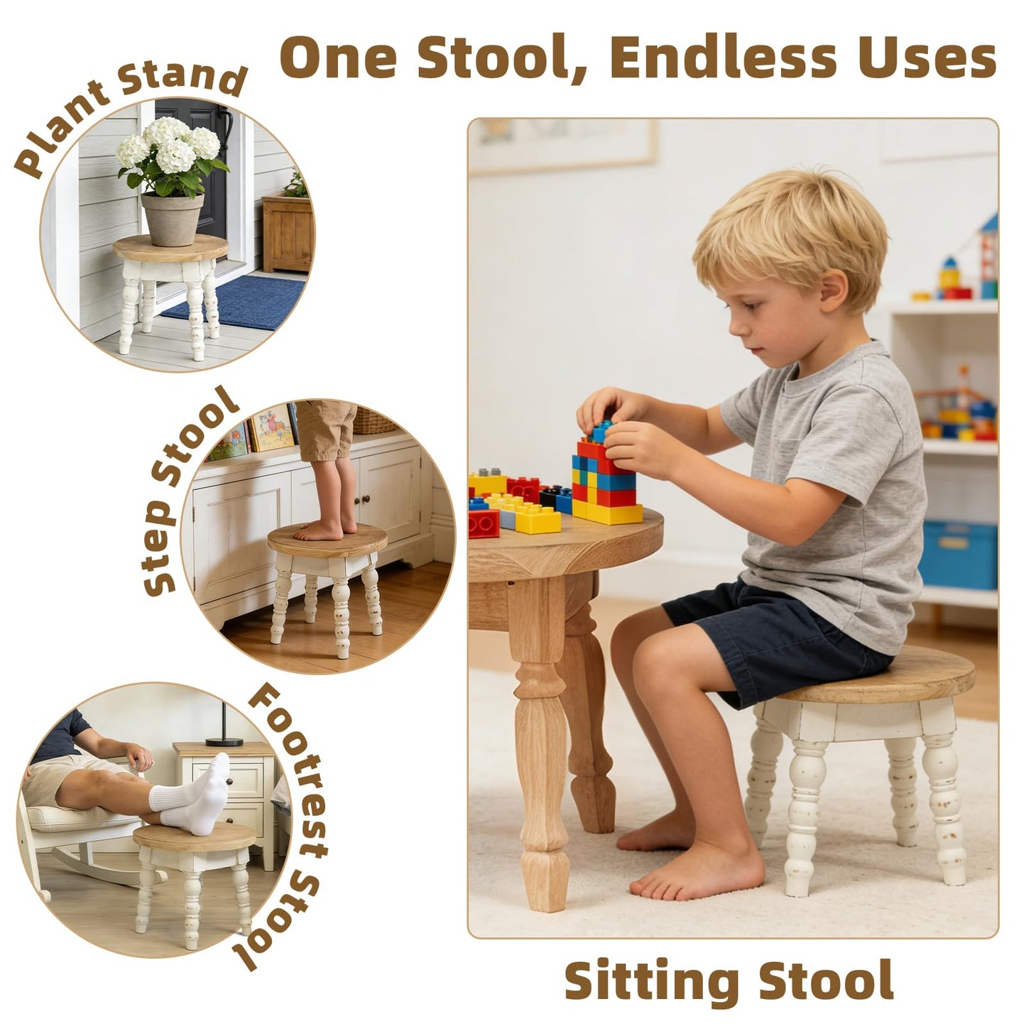 JUMBO DECOR Wooden Step Stool for Kids Adults, Farmhouse Step Stool or Plant Stand Indoor, Portable and Sturdy Versatile Foot Stools for Bathroom, Bedroom, Office, Kitchen, Plant Stand (Round)