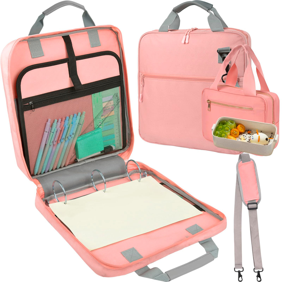 ChezMax Zipper Binder 3 Ring with Lunch Box - Zipper Binder Organizer Bag with Shoulder Strap & Handle, 2 Inch O Ring Binders, Large 500 Sheet Capacity & Multi-Pocket Binders Bag Organizer, Pink