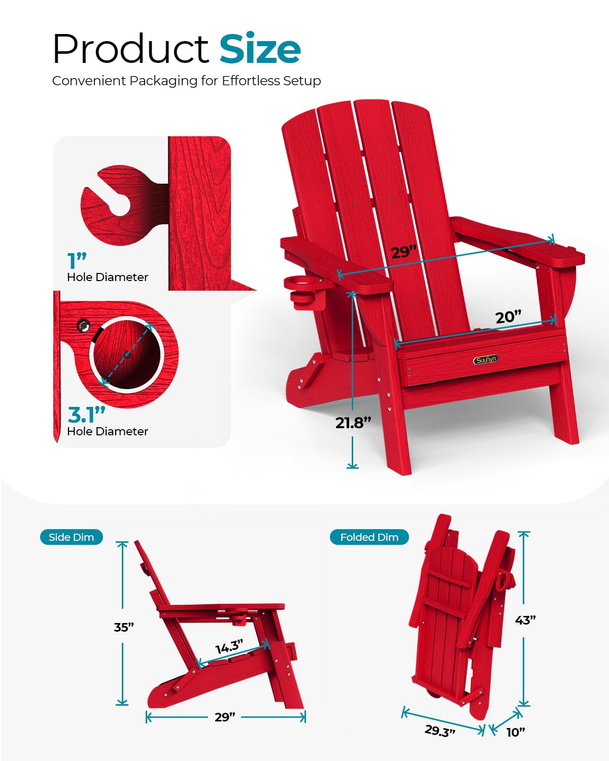 SUUNYN Folding Adirondack Chair, HDPE Adirondack Chairs with 2 Cup Holder, Plastic All-Weather Fire Pit Chairs, Outdoor Lawn Chair for Patio Garden (Red)