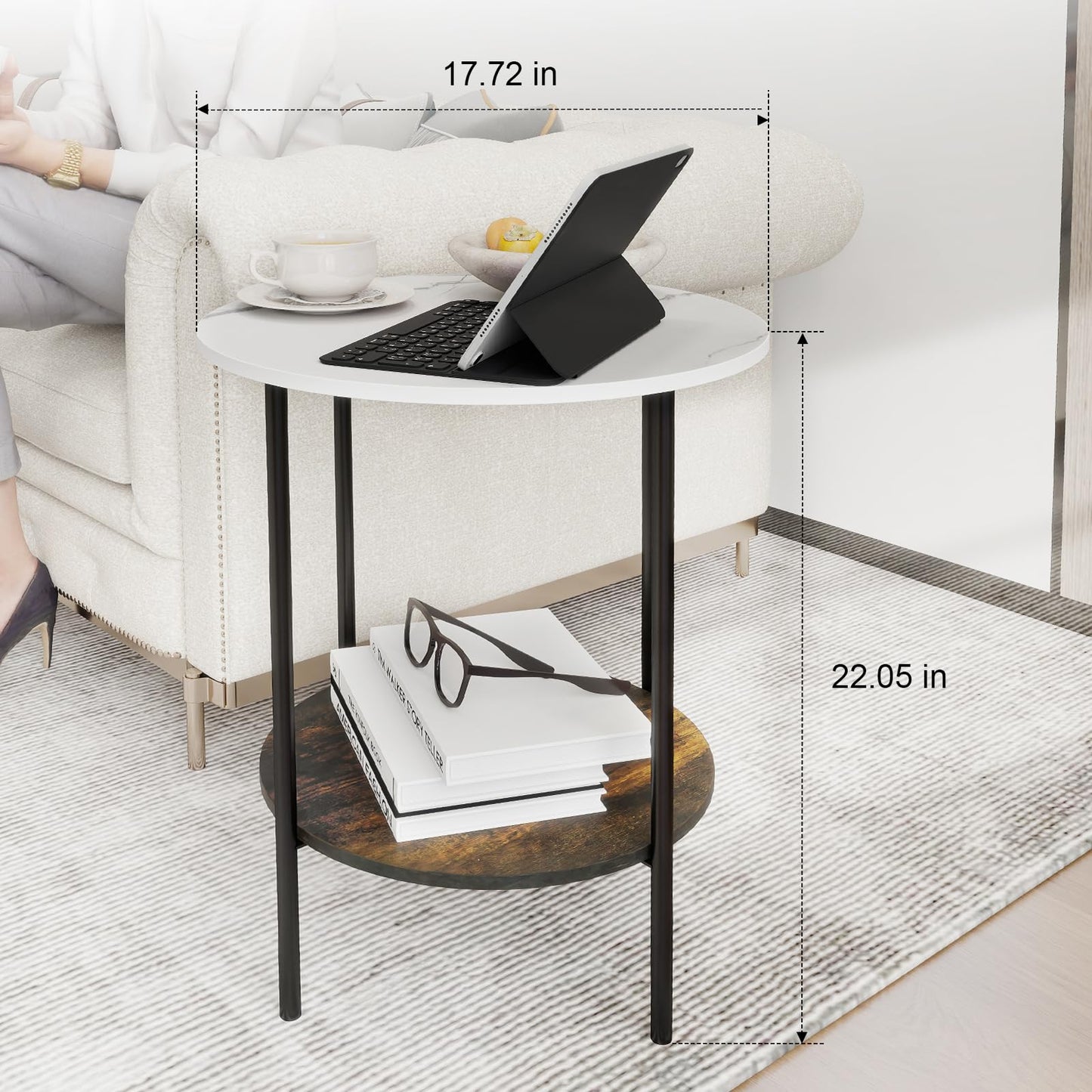 End Tables Living Room - Sturdy SideTable with Metal Frame, Modern Small Sofa & Bedside Table,Multi-Functional Round Coffee Table for Bedroom, Balcony, Sofa, Gym,Office