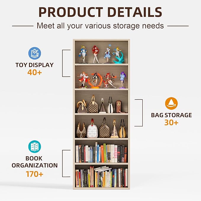 Furniwell 71" Tall Bookcase Bookshelves, 6 Tier Floor Standing Bookcases Open