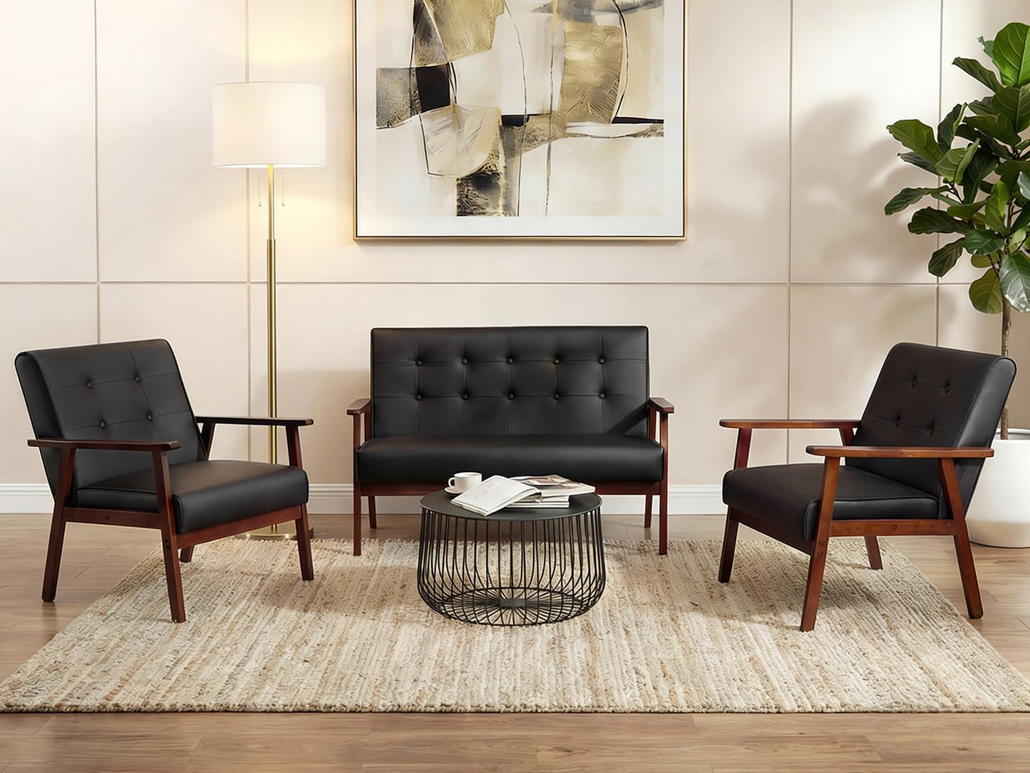 JIASTING Mid Century 1 Loveseat Sofa and 2 Accent Chairs Set Modern Wood Arm Couch and Chair Living Room Furniture Sets (8428 Black Set)