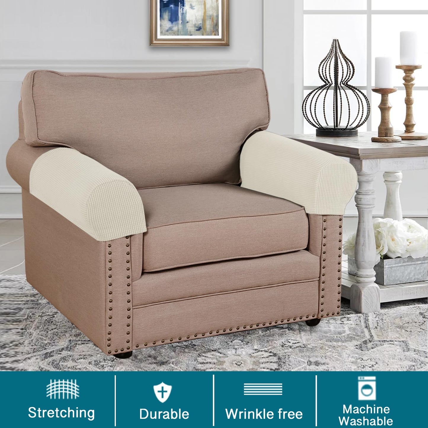 Turquoize Stretch Armrest Covers for Chairs and Sofas Couch Arm Covers for Sofa Spandex Jacquard Armrest Cover Anti-Slip Furniture Protector Armchair Slipcovers for Recliner Set of 2, Cream