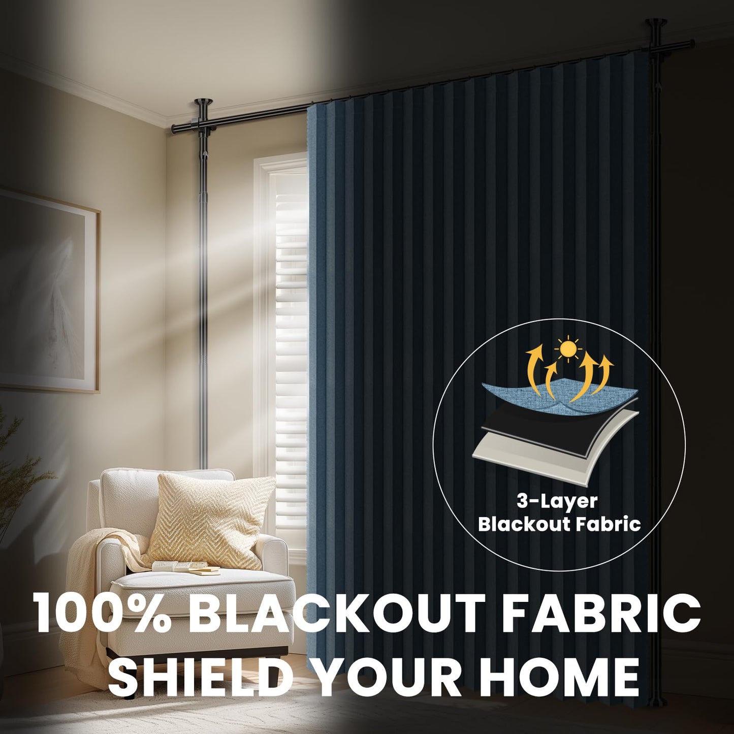 100% Blackout Room Divider Curtains Sets Blue 2 Panels W100 x L96in No Drill Curtain Rods(H) 43-120×(W) 35-200 in for Office Privacy Partition Separator