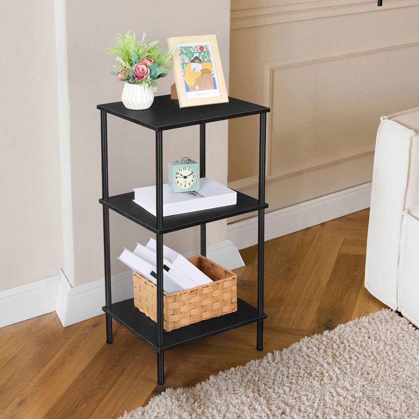 ETELI Tall Side Table with Storage 3 Tier Black End Table Metal Storage Shelves for Living Room Bedroom Bathroom Small Slim Table for Office