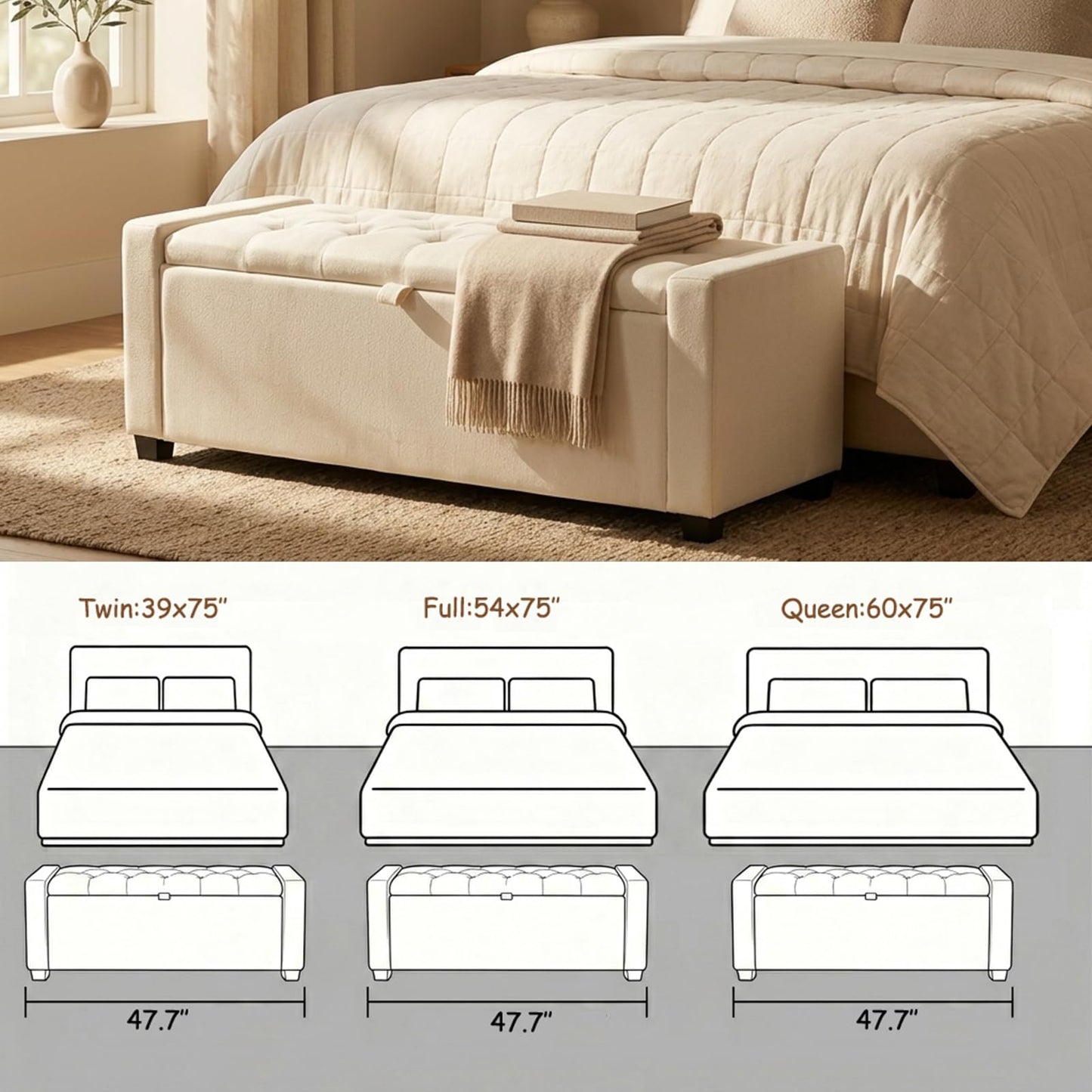 2BYF 47" Beige Storage Ottoman, Multi-Functional Shoe Bench Seat for Living