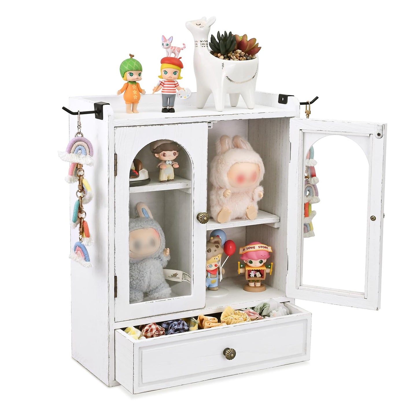 Ikee Design Wooden Countertop Storage Cabinet with Magnetic Door, Adjustable Shelves, Removable Hooks and Drawer for Perfume, Makeup, Pantry, Antique White, 12.2 W x 6 D x 15.7 H in