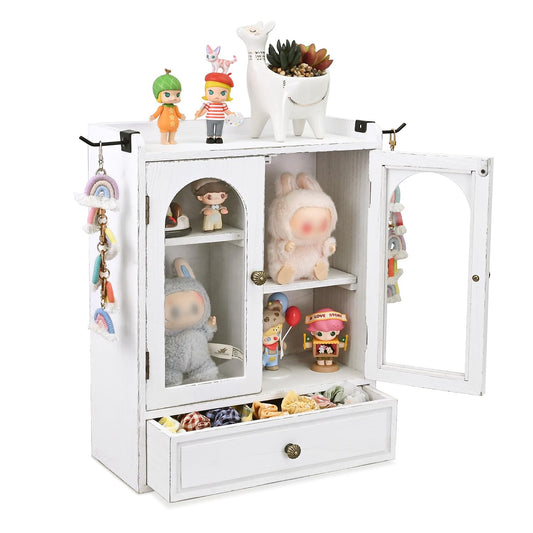 Ikee Design Wooden Countertop Storage Cabinet with Magnetic Door, Adjustable Shelves, Removable Hooks and Drawer for Perfume, Makeup, Pantry, Antique White, 12.2 W x 6 D x 15.7 H in