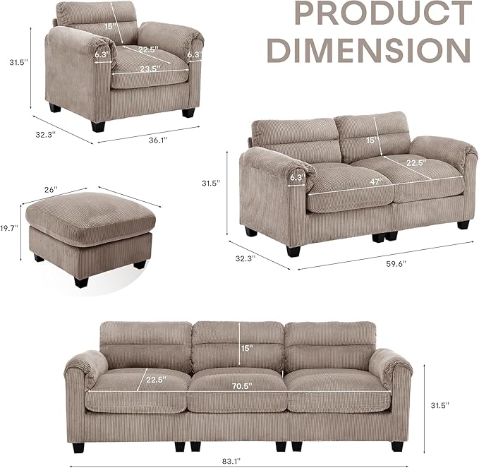 HAOMARKETS Corduroy 2-Piece Sofa Set, Upholstered Ottoman and Accent Chair Sofa