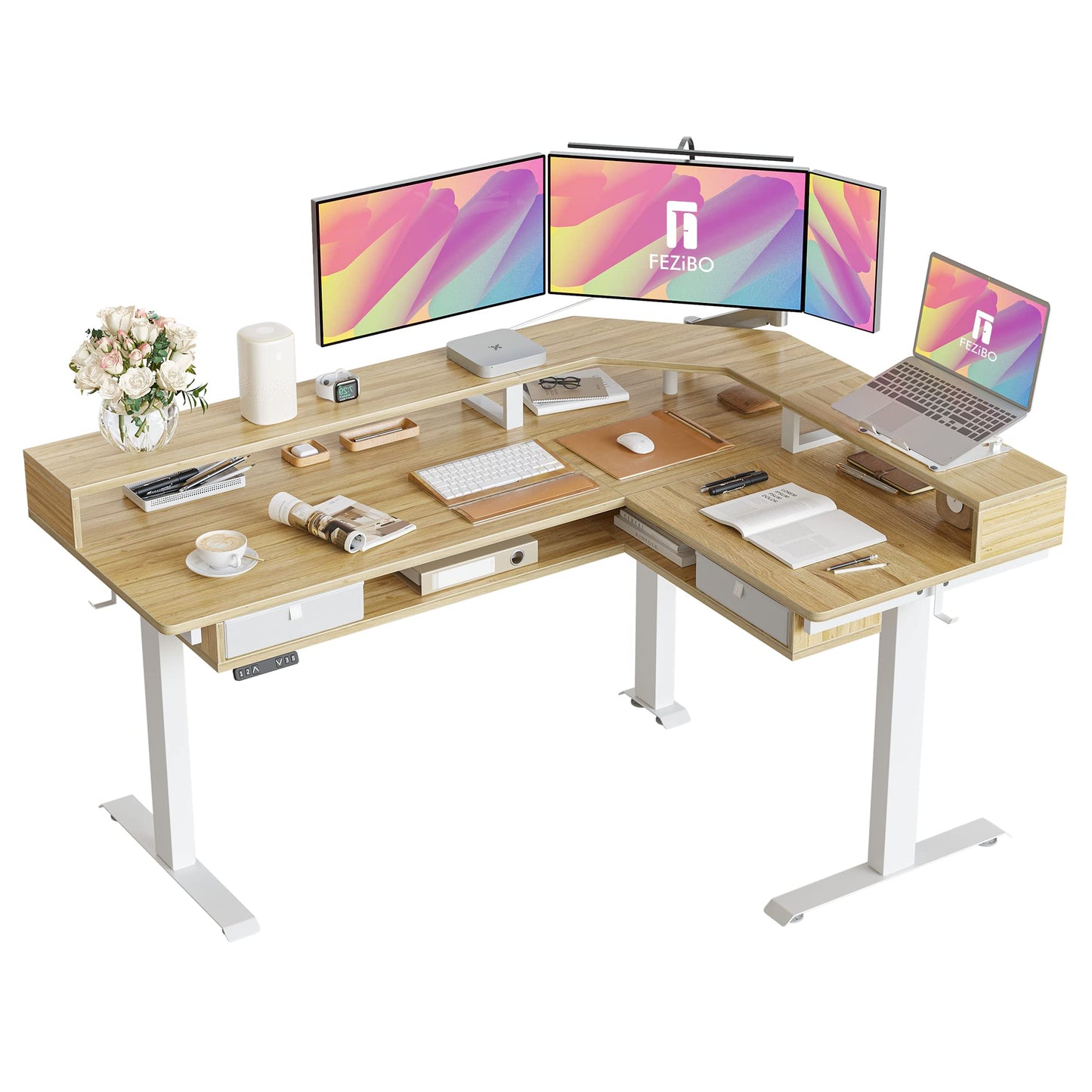 FEZIBO 63"x49" L Shaped Standing Desk with LED Strip & 2 Drawers, Upper and Lower Storage Shelves Available, Electric Height Adjustable, for Gaming, Office, Natural