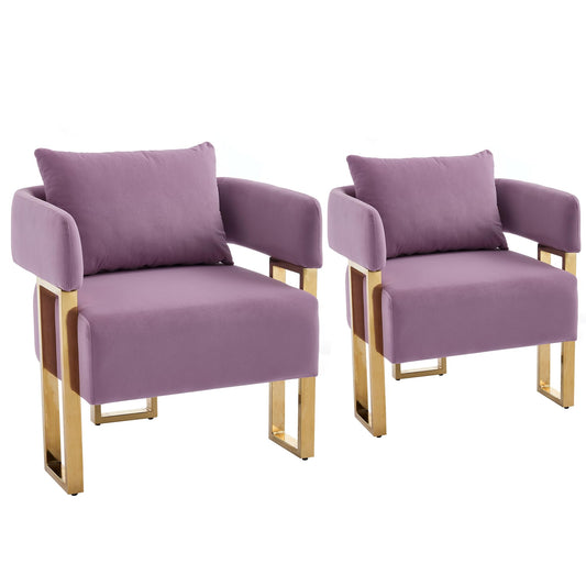 YITAI Modern Accent Chairs no Wheels, Living Room Side Chairs with Golden Metal Legs, Barrel Soft Velvet Upholstered Reading Armchairs for OfficeStudyReception RoomBedroomLounge,Purple Set of 2