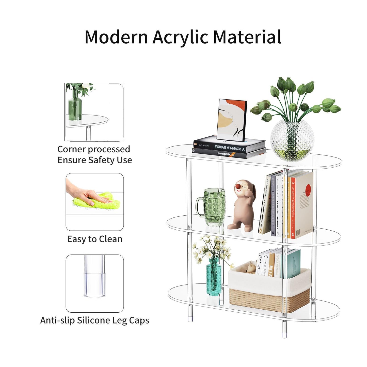 Bekugee Clear Acrylic Bookshelf, 31.5" L x 11.8" W x 27.7" H, 3 Tier Oval Acrylic Bookcase Table with Open Book Shelf, Modern Storage Organizer Entry Console Table for Entryway Living Room Bedroom