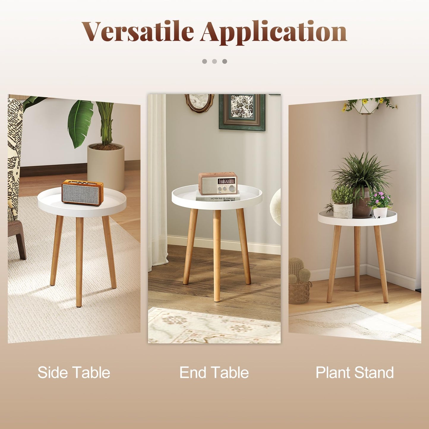 Giantex Round Side Table, End Table with Wooden Tray, Sturdy Tripod Stand & Premium Metal Connectors, Round Sofa Side Table for Living Room, Office, Bedroom Nightstand, White (1)