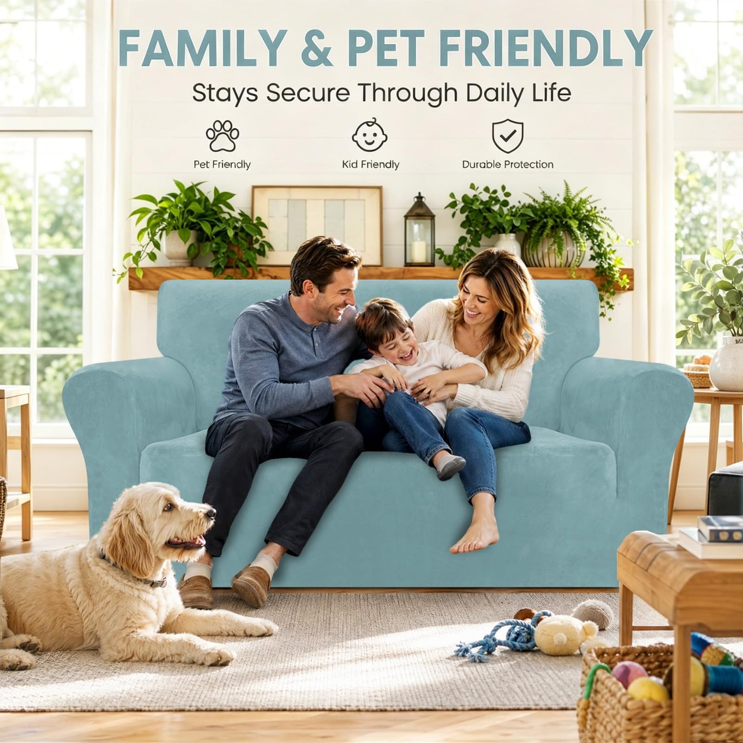 YEMYHOM Real Velvet Couch Covers for 2 Cushion Couch High Stretch 1 Piece Loveseat Slipcover for Pets Dogs Anti Slip Love Seat Sofa Slipcover Furniture Protector (55"-69", Dusty Blue)