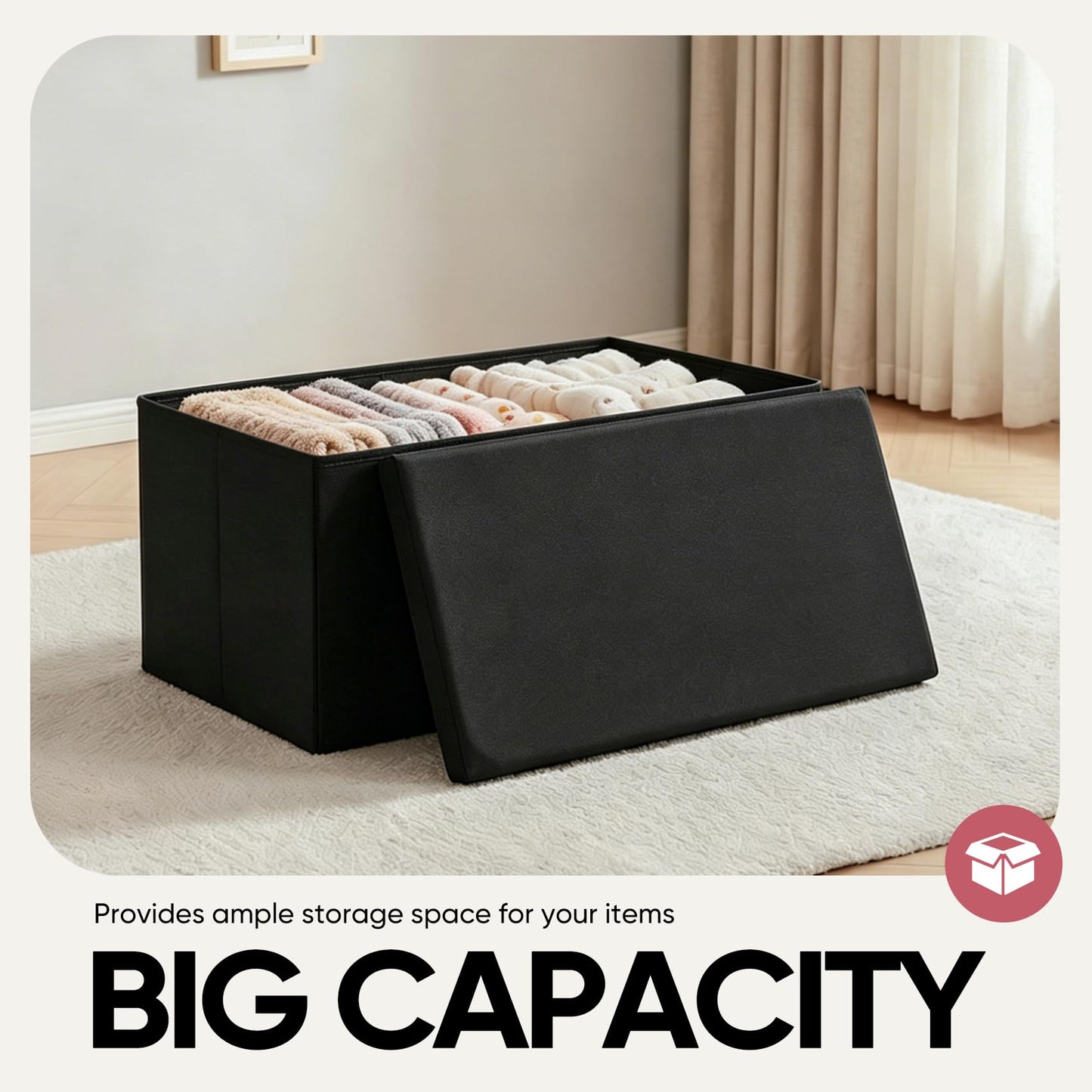 CAIPINFUL 30 Inch Folding Storage Ottoman with Reversible Lid Coffee Table, Linen Fabric Multi-Functional Foot Rest & Seat for Living Room, Bedroom-Black