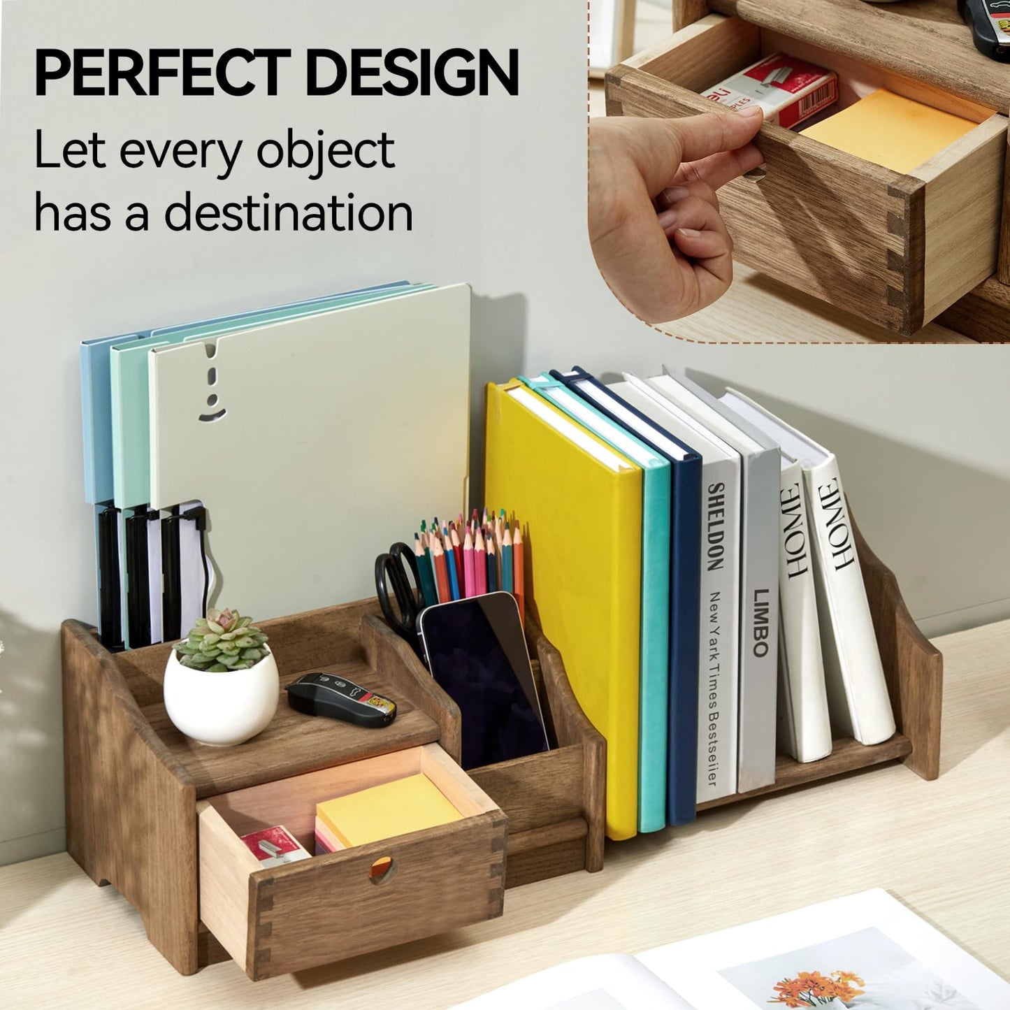 KIRIGEN Desktop Bookshelf Organizer with Drawer, Expandable Wood Desk Shelf, Fully Assembled Book Rack for Office Supplies, Files and Notebooks, 12.24 to 22.7 in Adjustable Width, SSSJ-S-DBR