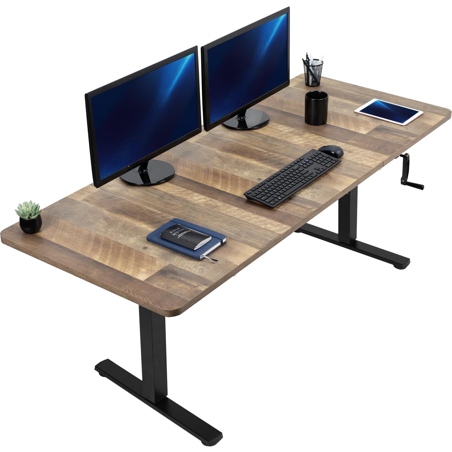 VIVO Manual Height Adjustable 71 x 30 inch Stand Up Desk, Reclaimed Wood Table Top, Black Frame, Standing Workstation with Foldable Handle, DESK-KIT-MB7P