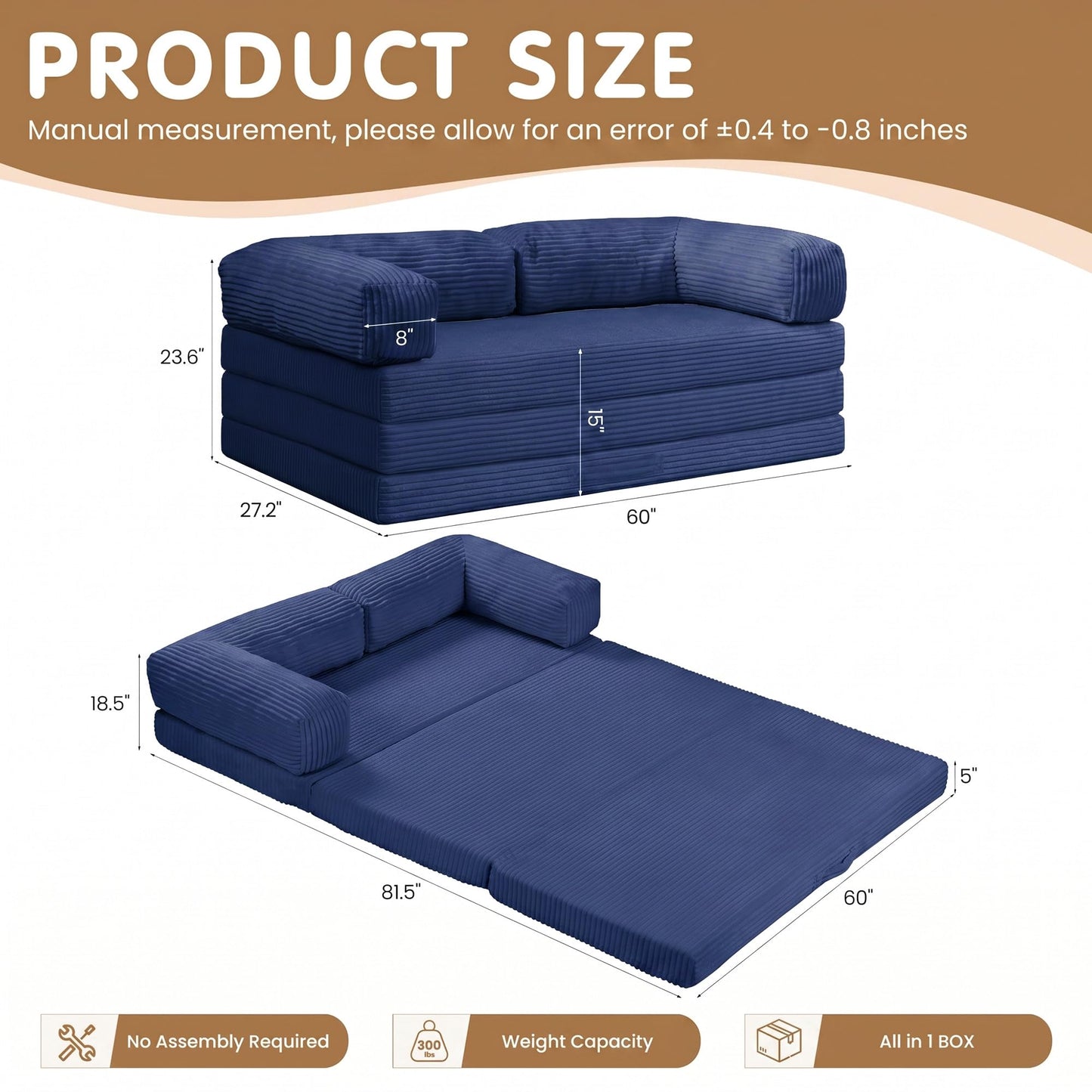 Convertible Sofa Bed Queen,5-in-1 Boneless Couch with Removable Armrests & Handle,Corduroy Futon Sleeper Sofa,Floor Folding Mattress Pull Out Bed for Small Space Apartment Living Room Bedroom,Blue