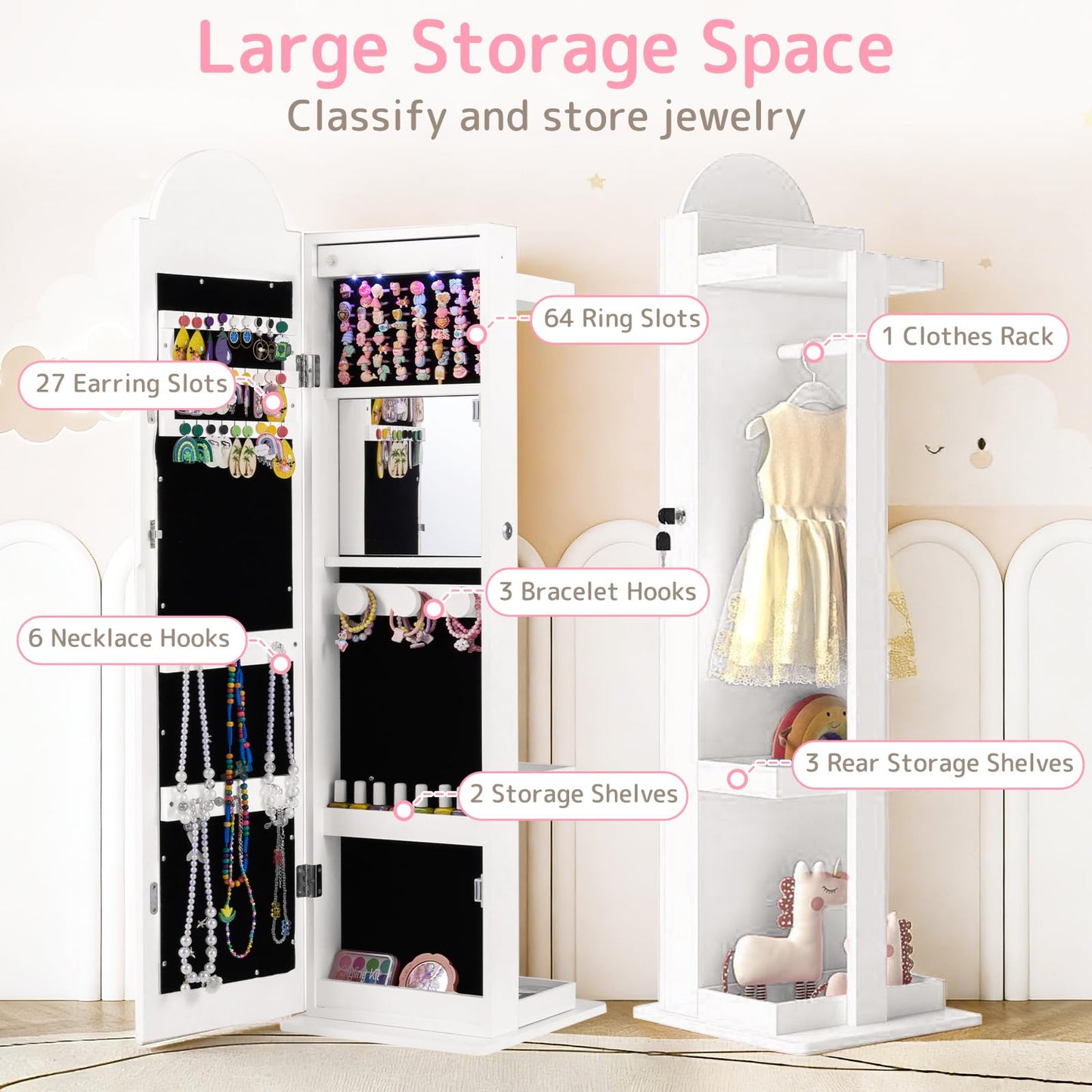 INFANS Kids Jewelry Armoire Cabinet with LED Lights, Lockable Standing Organizer with Full-length Mirror, Unicorn Theme Children Vanity Dress Up Storage Rack for Girls