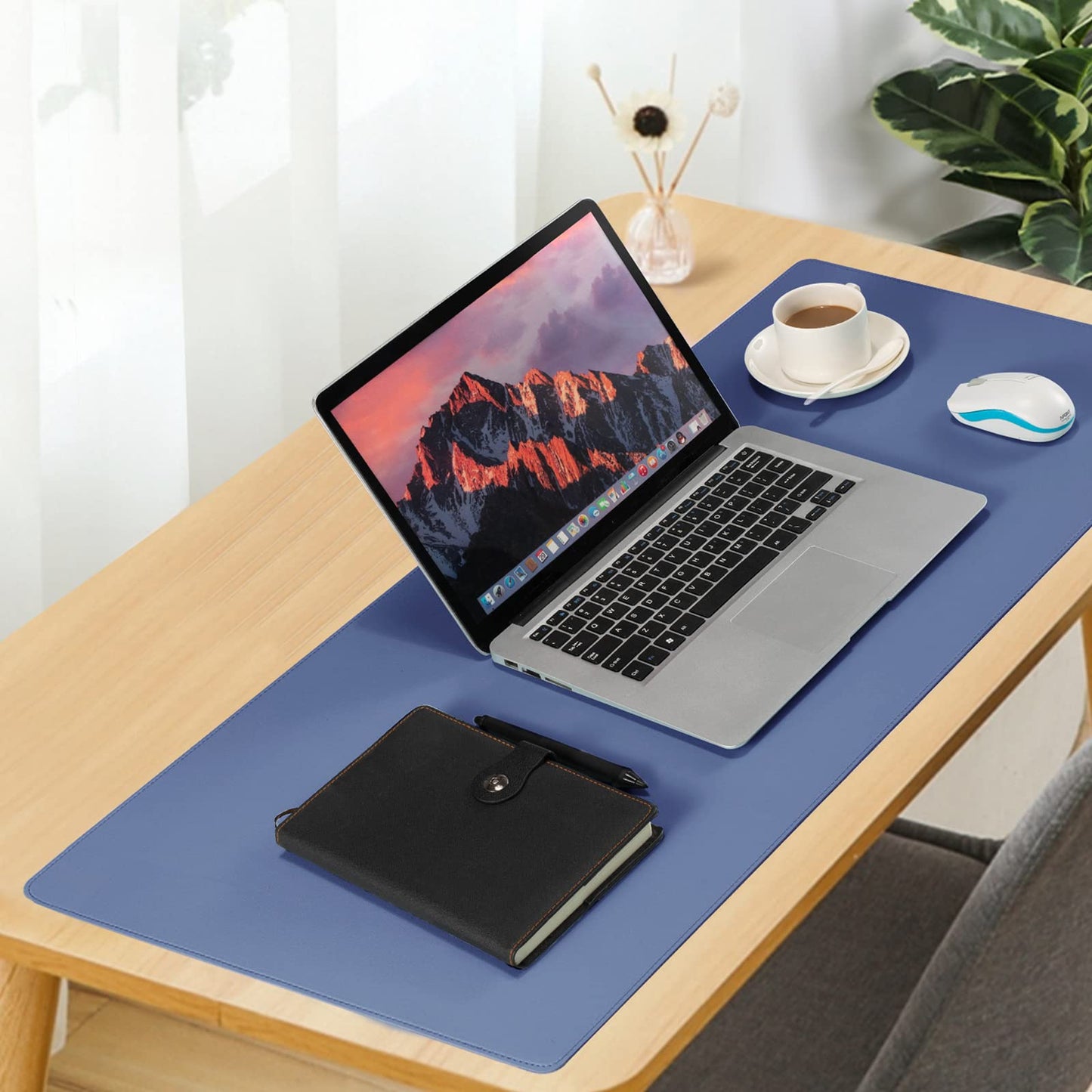 Wolaile Faux Leather Desk Pad Blotter,Water and Slip Resistant Writing Desk Protector Mat,Blue Large Mouse Pad for Desktop/Office Home Table Cover,36x17 in