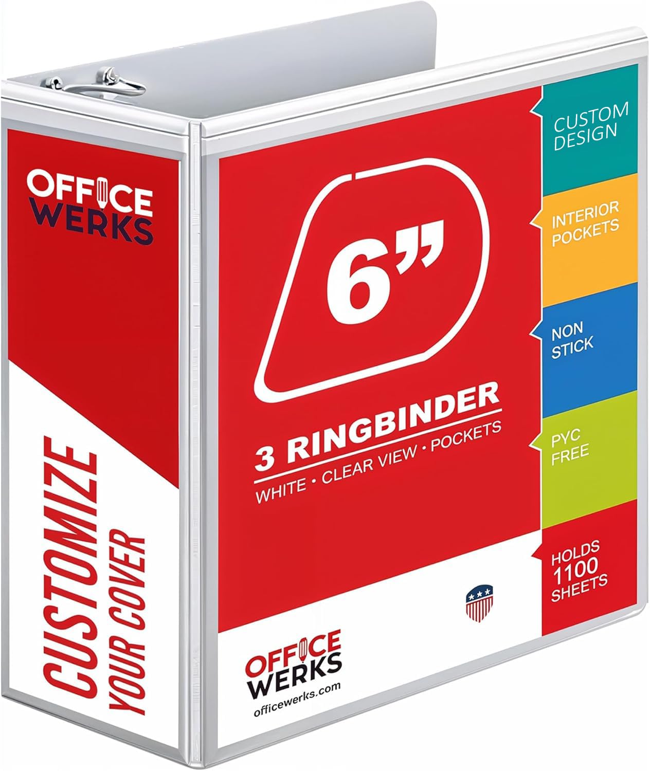 3 Ring Binders, 6 Inch D Ring Heavy Duty Large Binder with Pockets for 8.5" x 11" Sheet Size, Durable Non-Stick Customizable Clear View Cover (White)