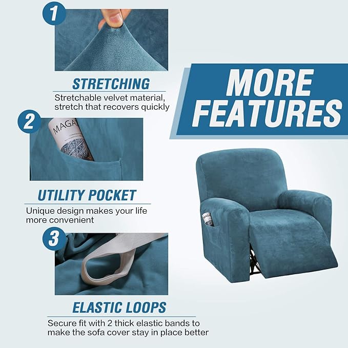 H.VERSAILTEX Velvet Stretch Recliner Couch Covers 4-Pieces Style Recliner Chair