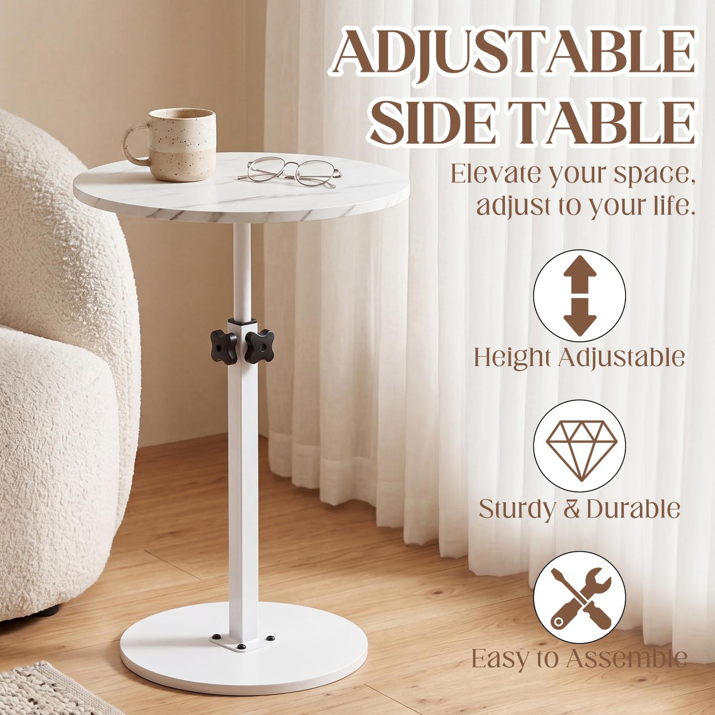 Sintuff Adjustable Height Round Side Table, 15.7" Marble Color Drink Stand with Metal Pedestal Base, White Small Space Martini Table for Living Room, Bedroom, Sofa, Balcony, 18"-30" Tall